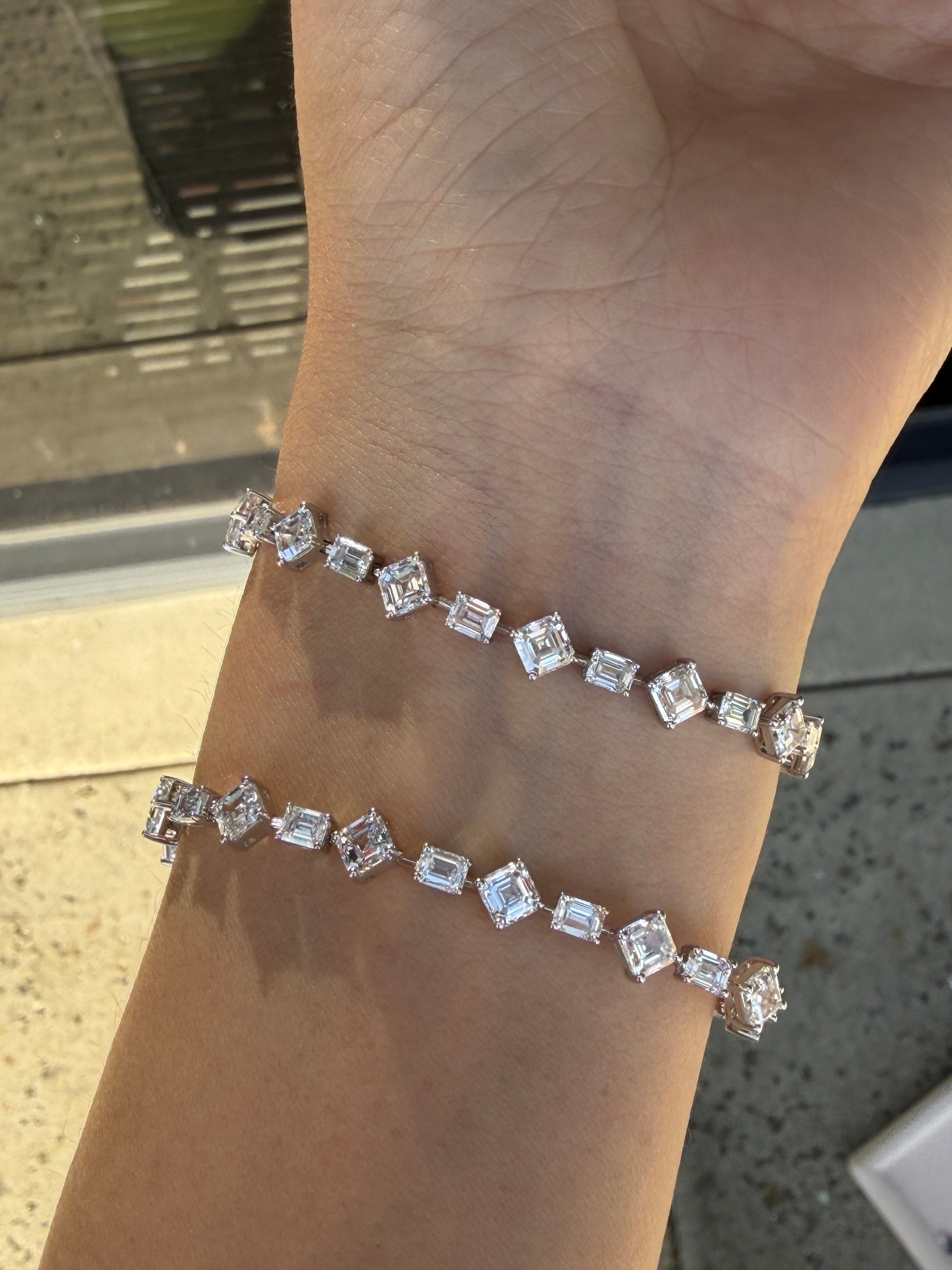 Alternating Emerald & Square Cut Lab-Grown Diamond Bracelet (18K White Gold)