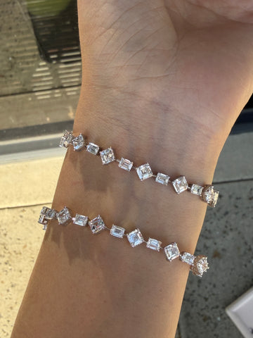 Alternating Emerald & Square Cut Lab-Grown Diamond Bracelet (18K White Gold)