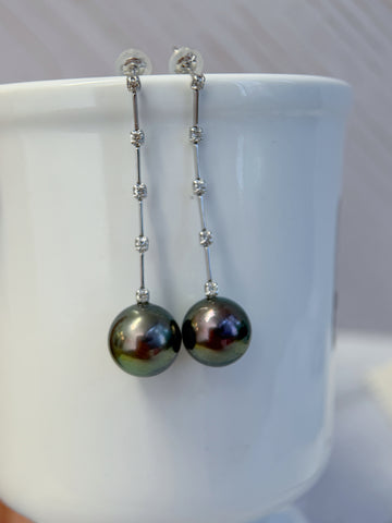 K18 Tahitian Black Pearl & Natural Diamond Long Drop Earrings