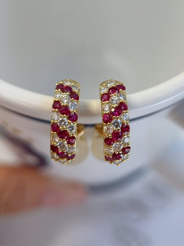 K18 Gold Ruby & Natural Diamond Pavé Huggie Earrings