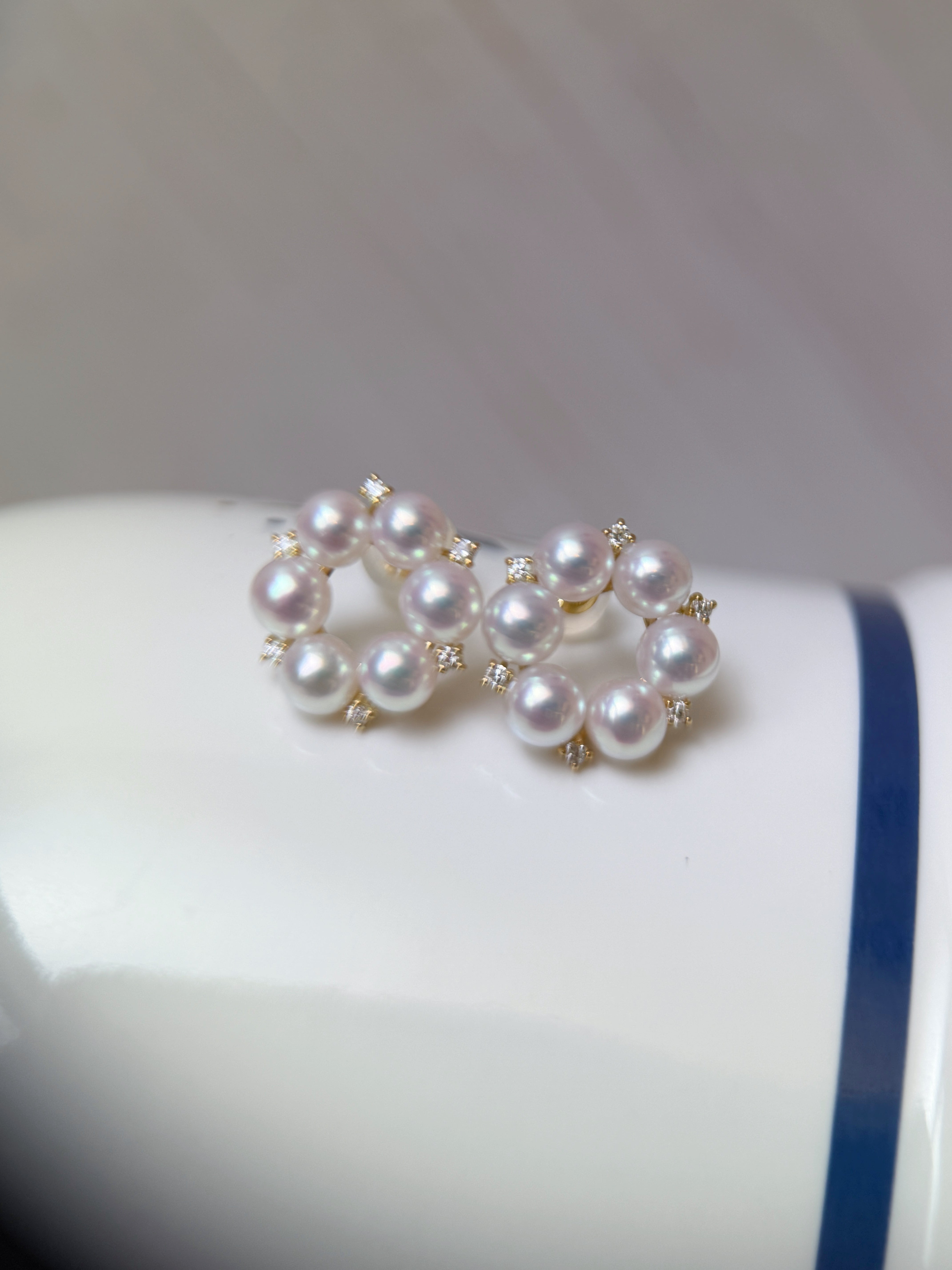 Japanese Akoya Pearl & Natural Diamond K18 Gold Flower Stud Earrings