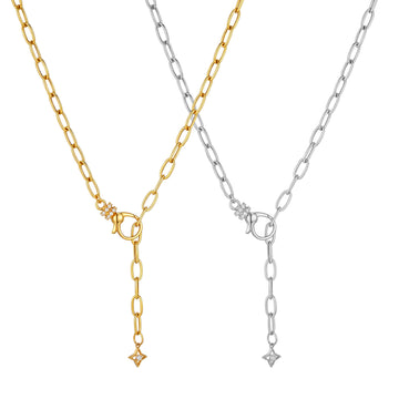 ⭐️Paperclip Lariat Necklace with Diamond Front Clasp in 18K Gold