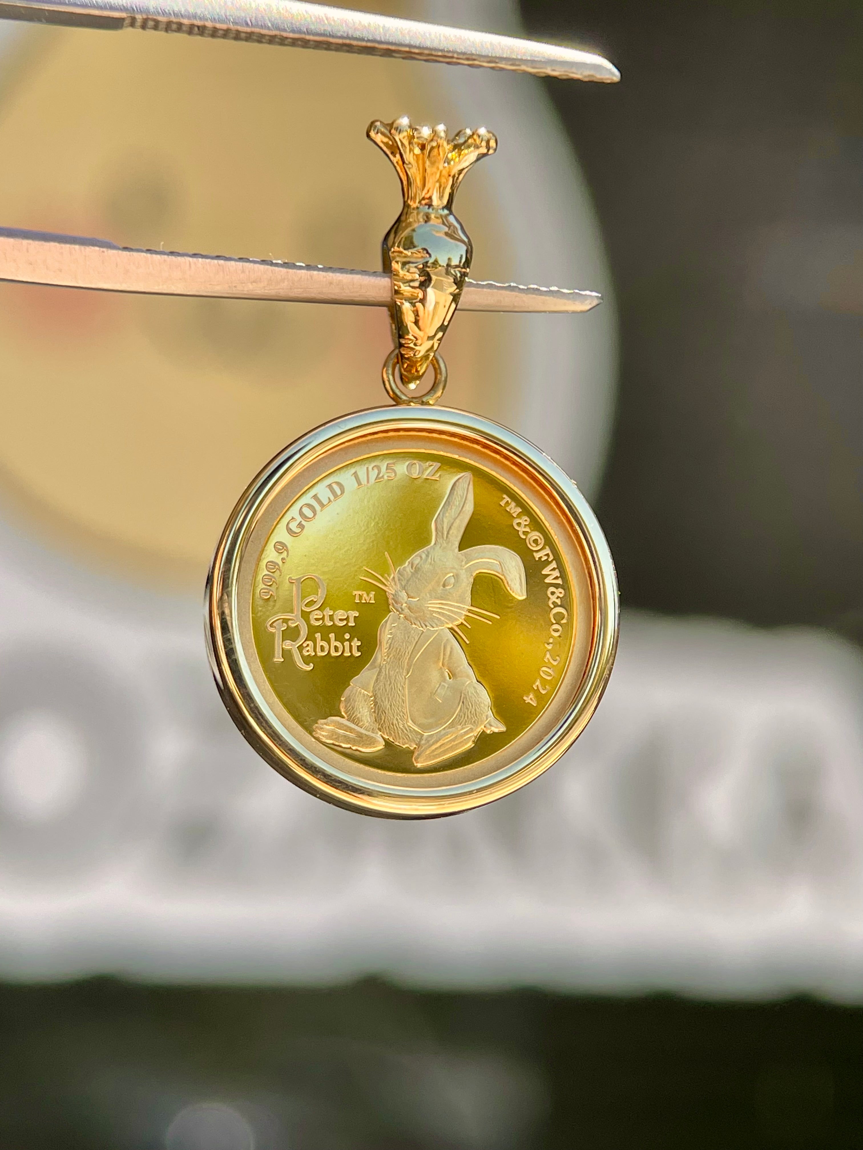 24K Peter Rabbit Gold Coin Pendant with 18K Gold Setting