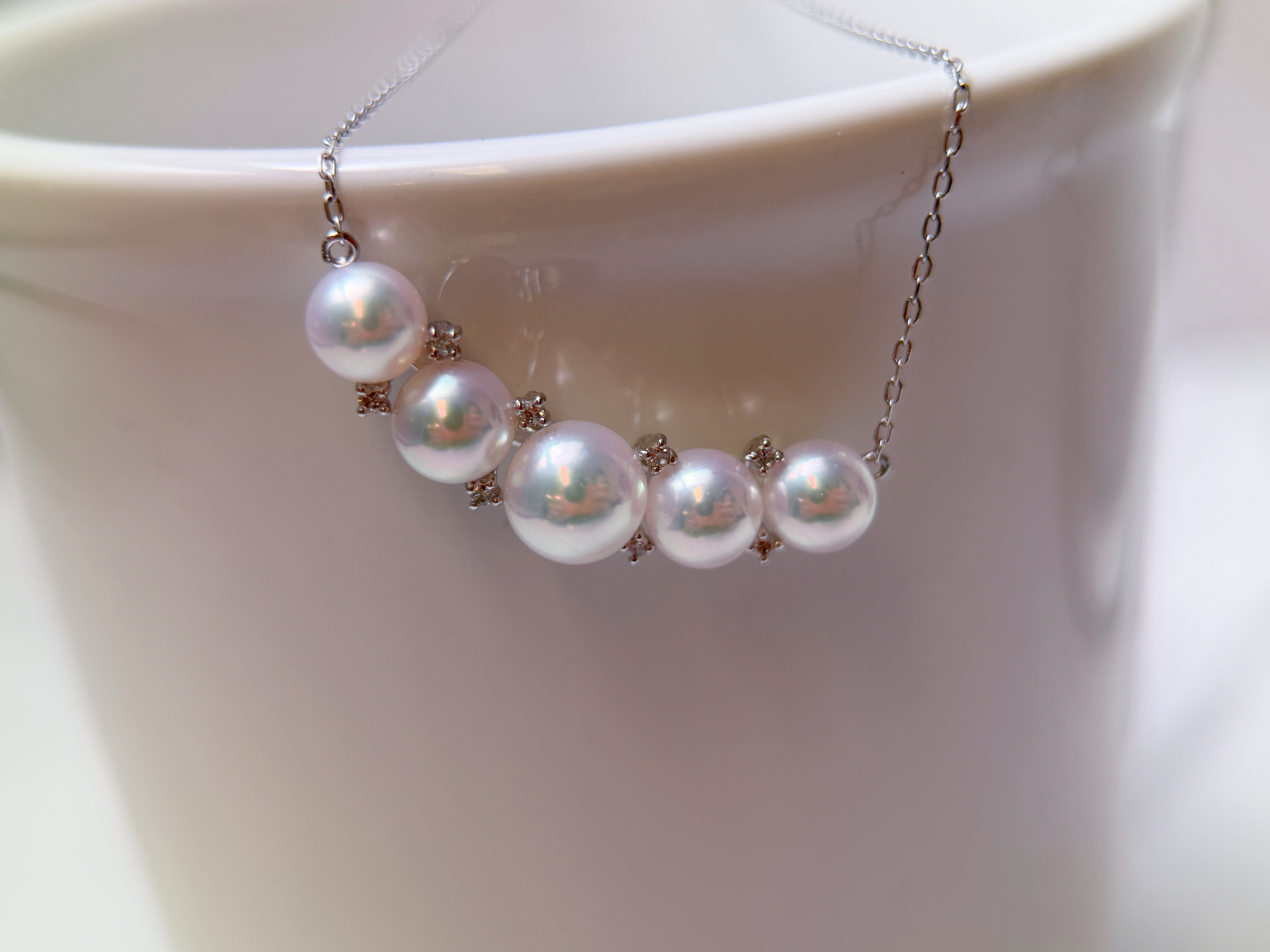 Akoya Pearl Natural Diamond Platinum Station Necklace