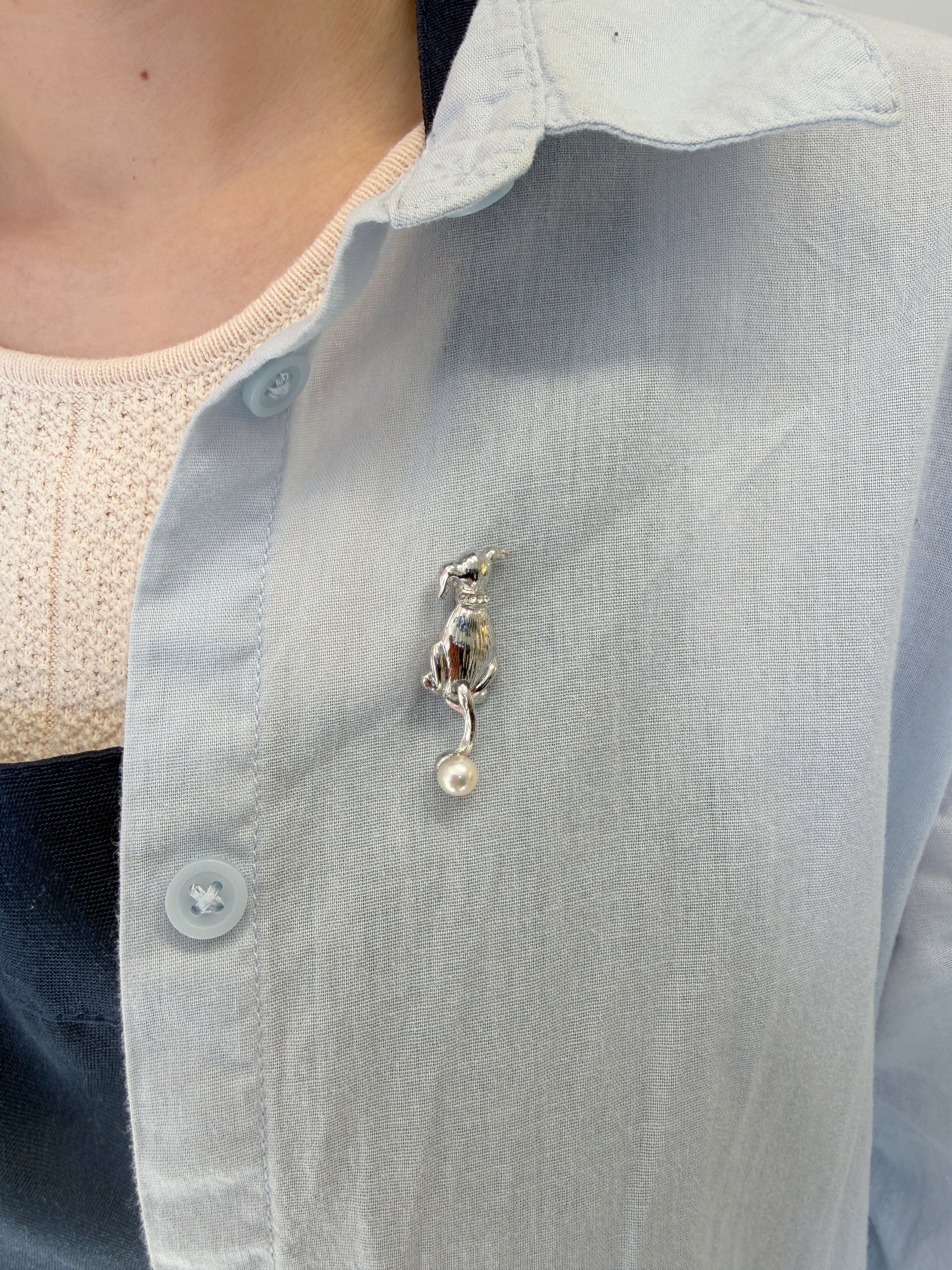S925 Sterling Sliver Dog Brooch with Natural Akoya Pearl 6-6.5mm