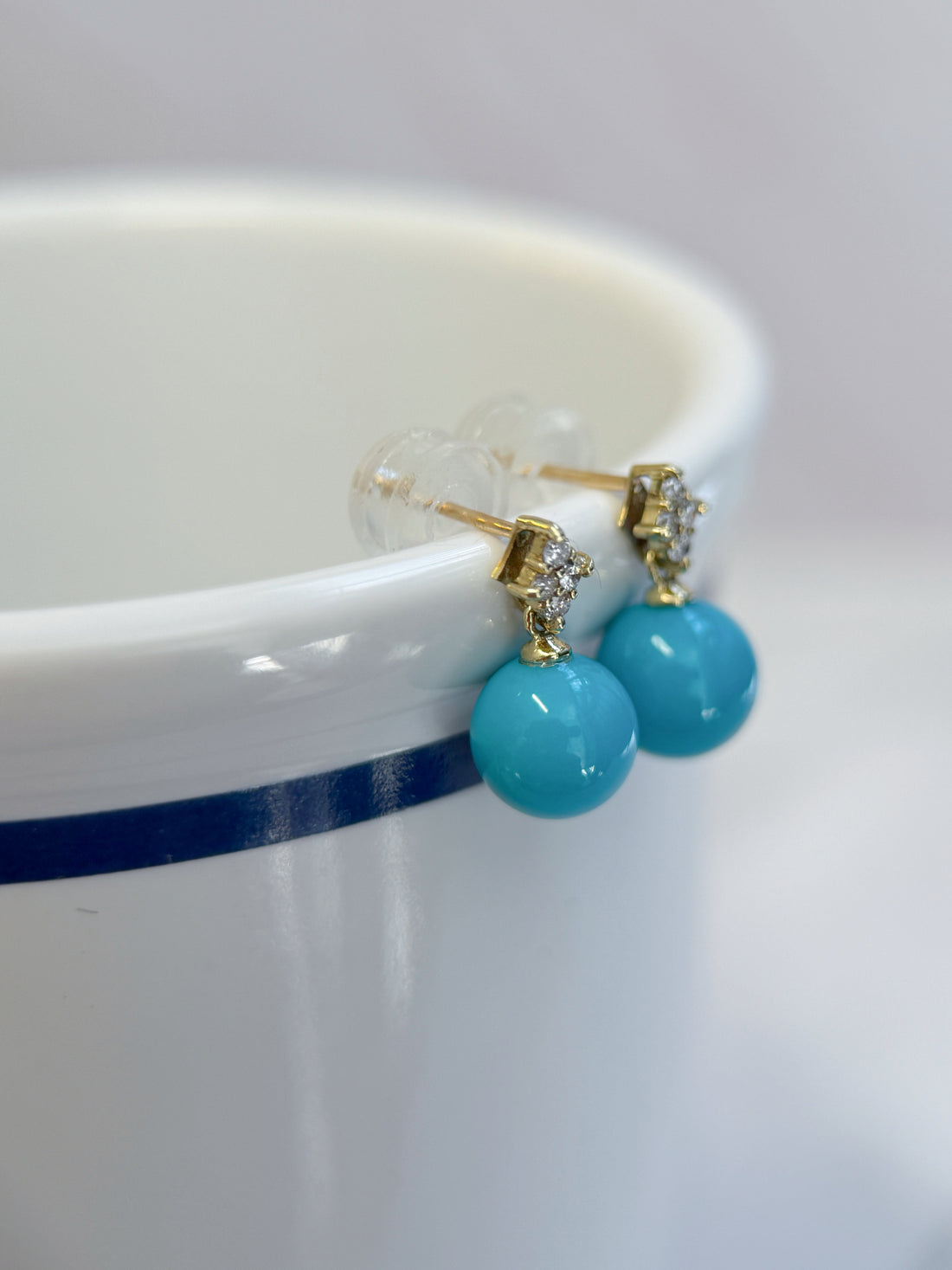 7–7.5mm Natural Sleeping Beauty Turquoise & Diamond Stud Earrings in K18 Yellow Gold