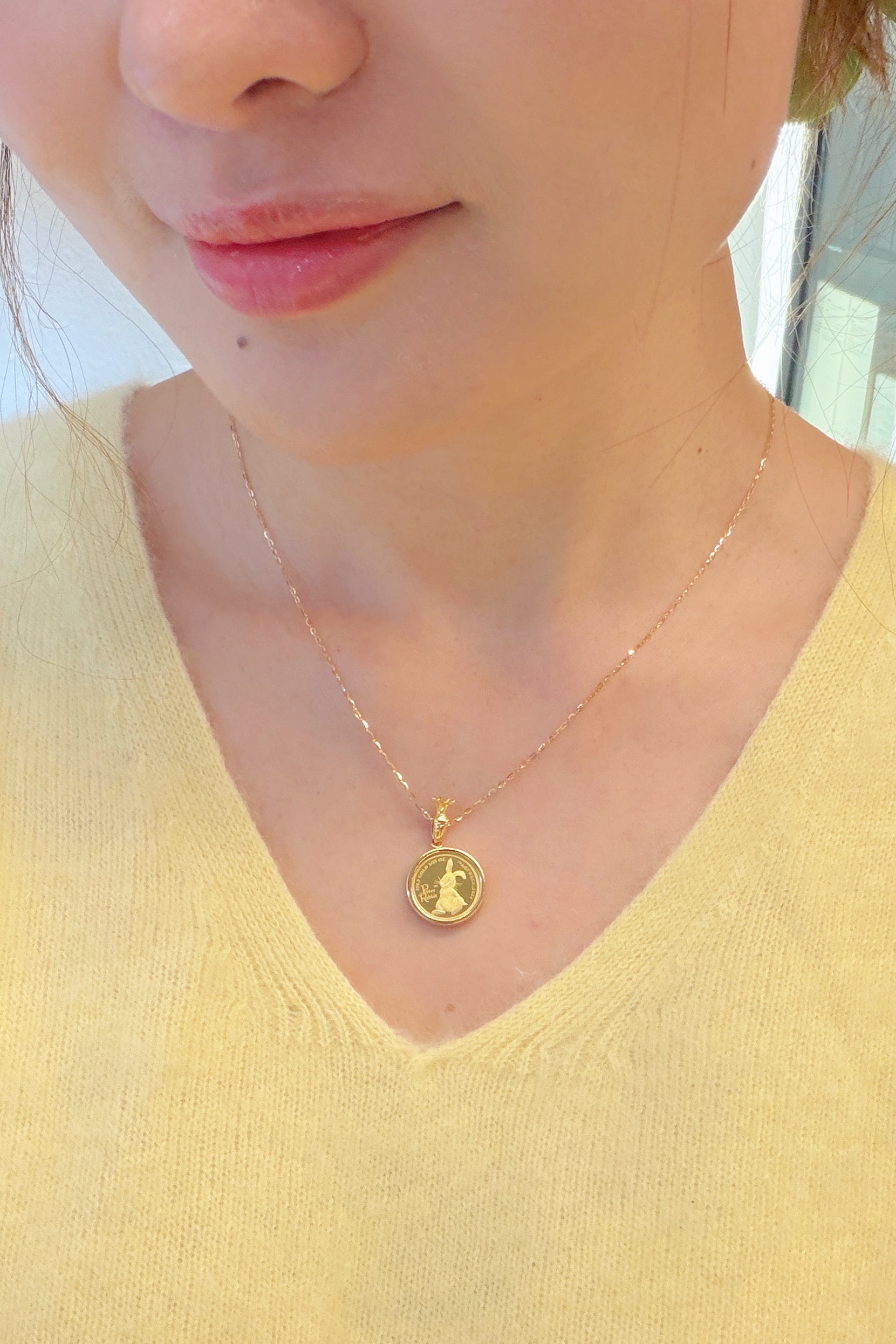 24K Peter Rabbit Gold Coin Pendant with 18K Gold Setting