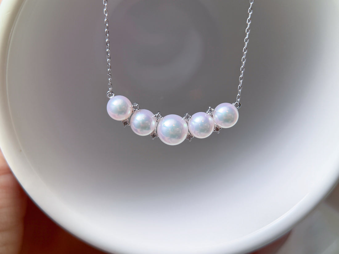 Akoya Pearl Natural Diamond Platinum Station Necklace