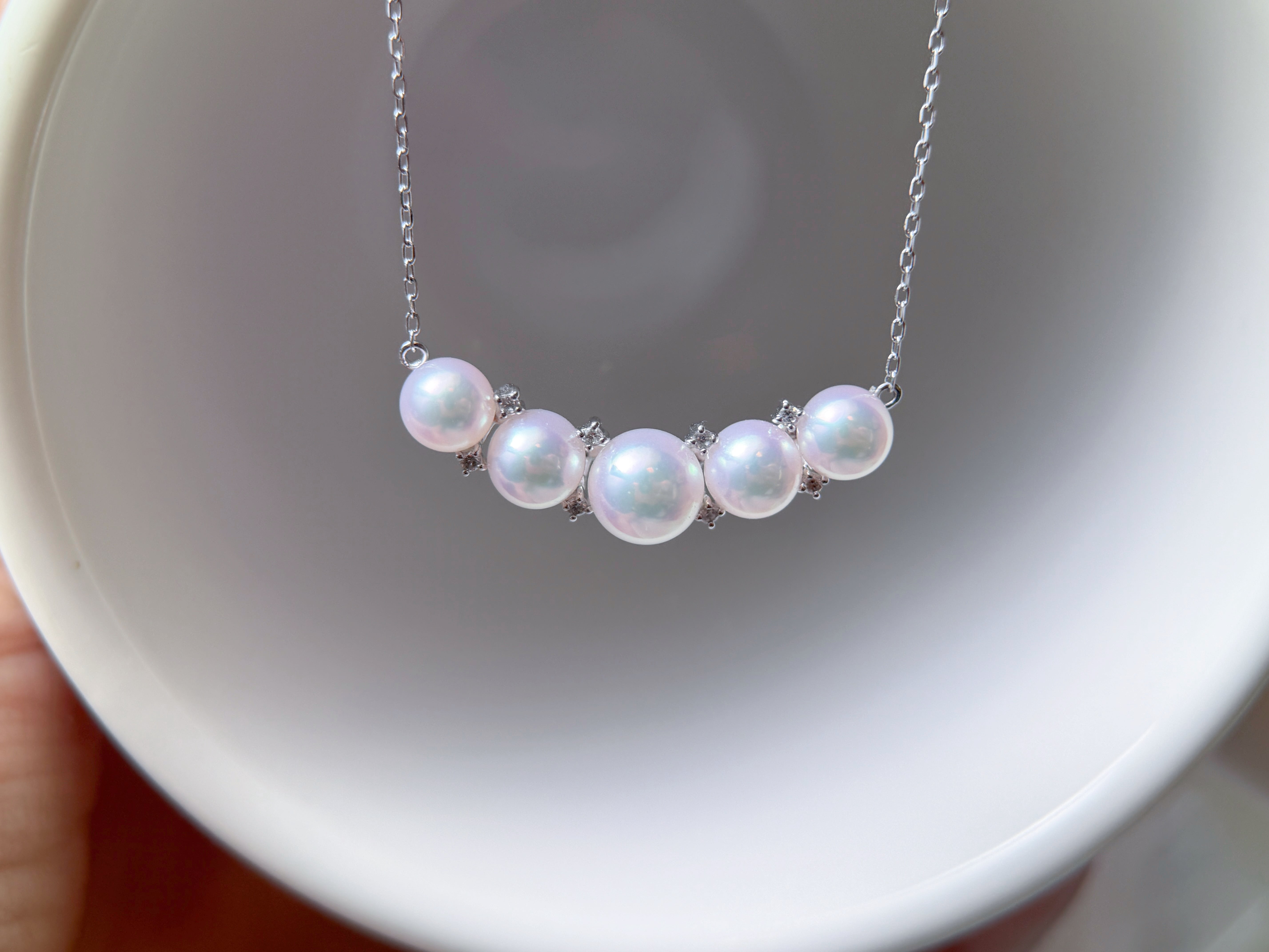 Akoya Pearl Natural Diamond Platinum Station Necklace