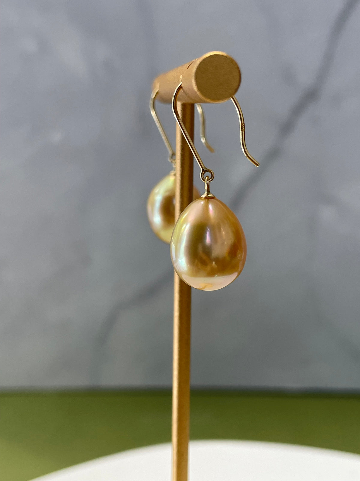 18K Gold Golden South Sea Pearl Drop Earrings – 10mm