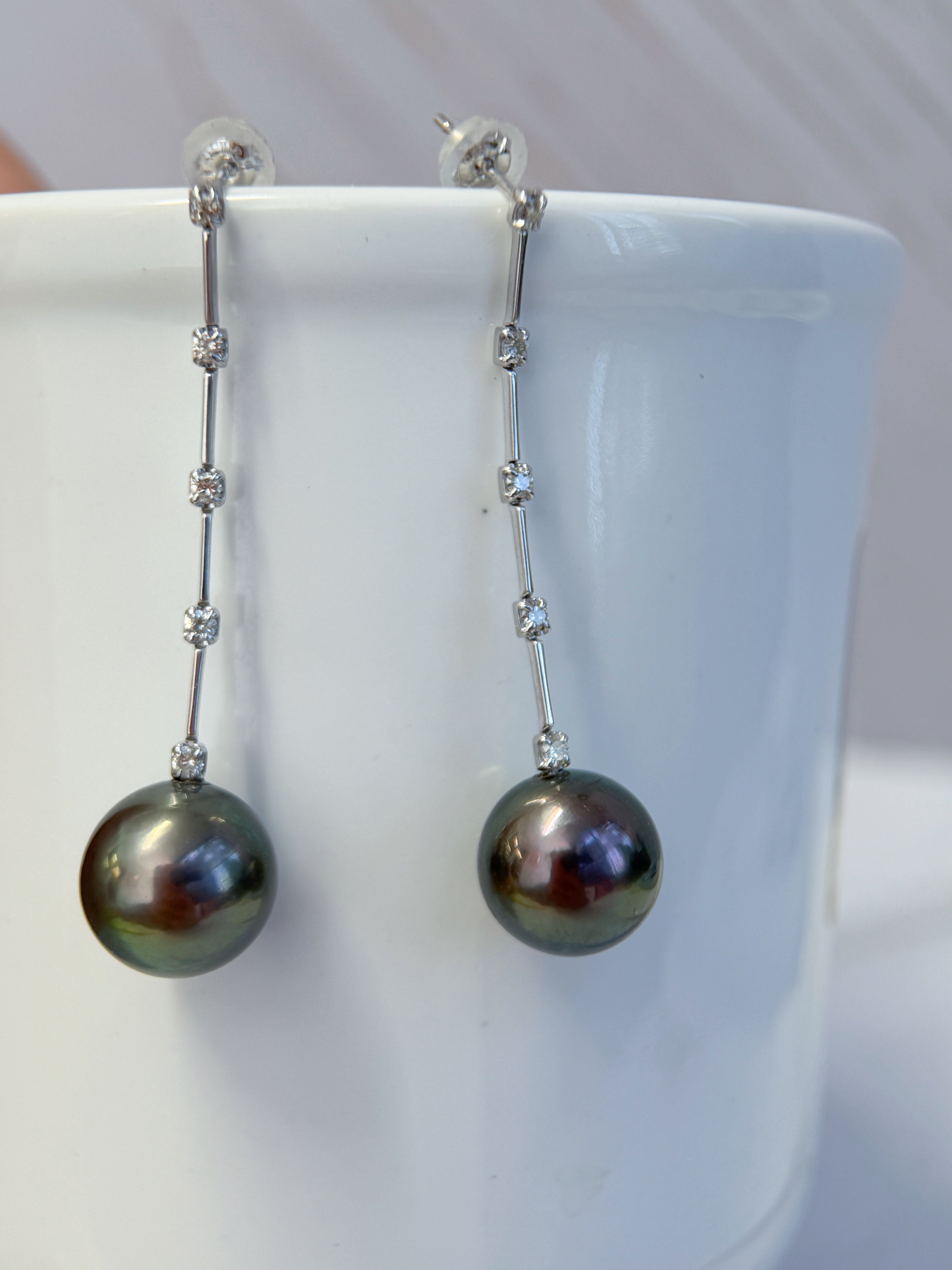 K18 Tahitian Black Pearl & Natural Diamond Long Drop Earrings
