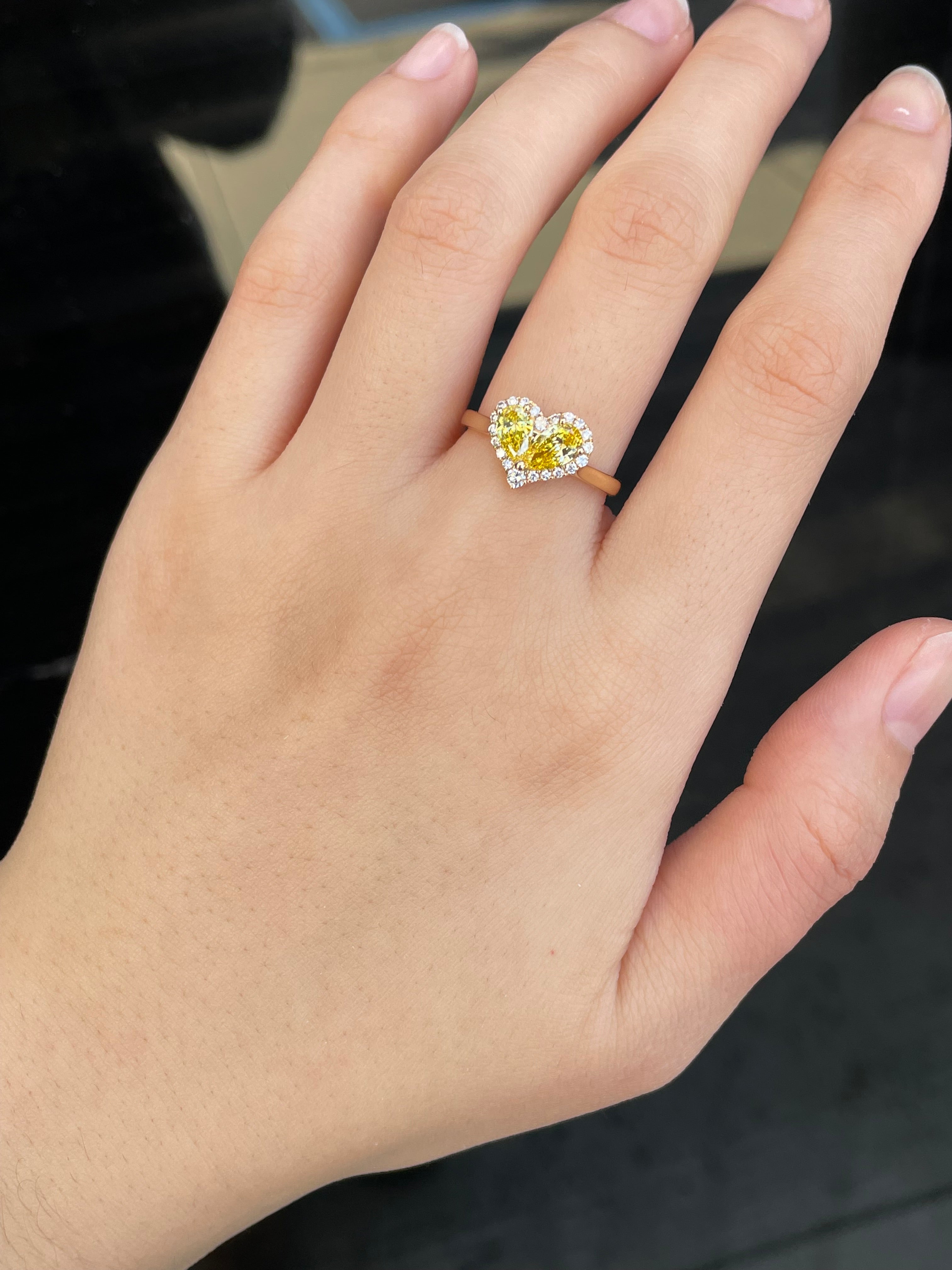 Lab-Grown Yellow Diamond Double Marquise Heart Halo Ring 0.75CT