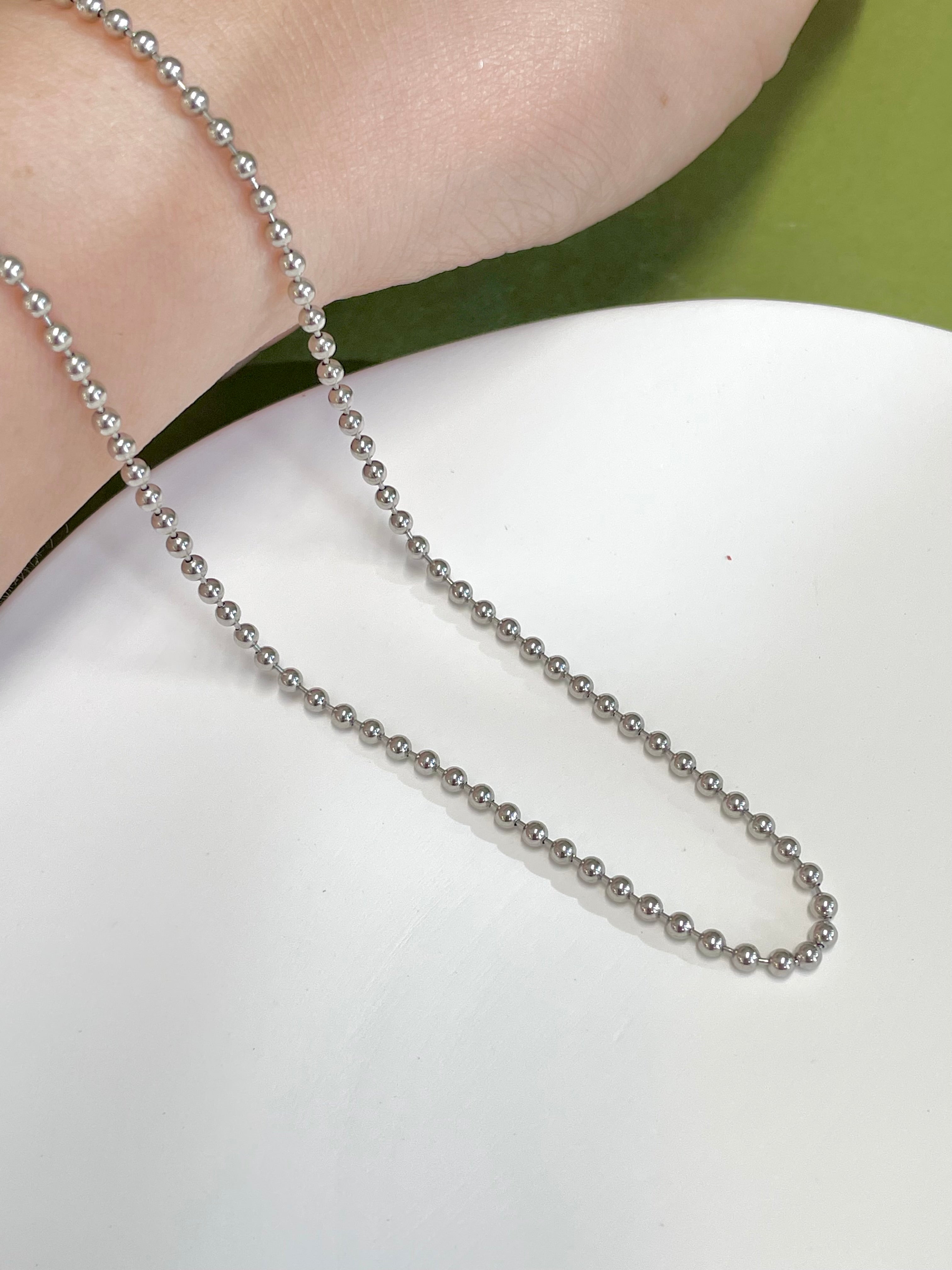 2.4mm Platinum Hollow Ball Chain Necklace 17.7 inchs