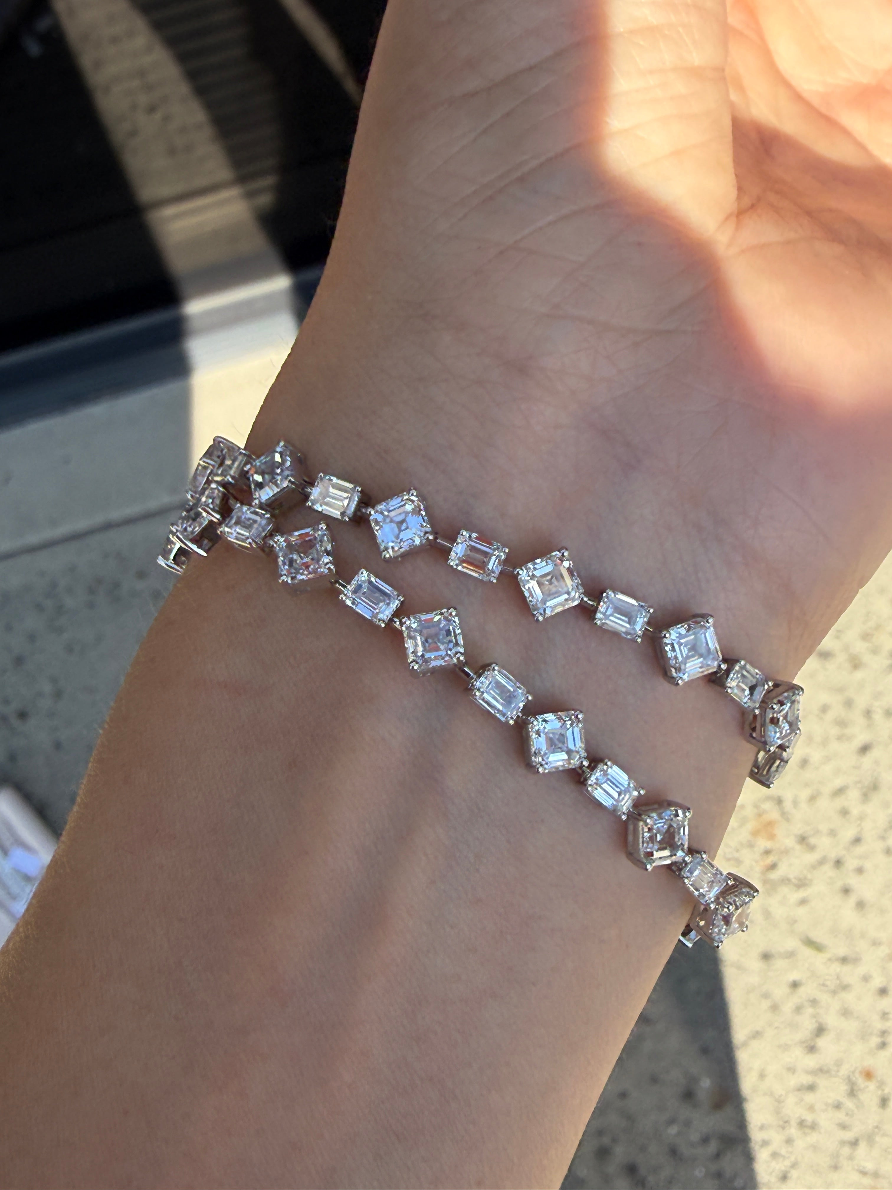 Alternating Emerald & Square Cut Lab-Grown Diamond Bracelet (18K White Gold)