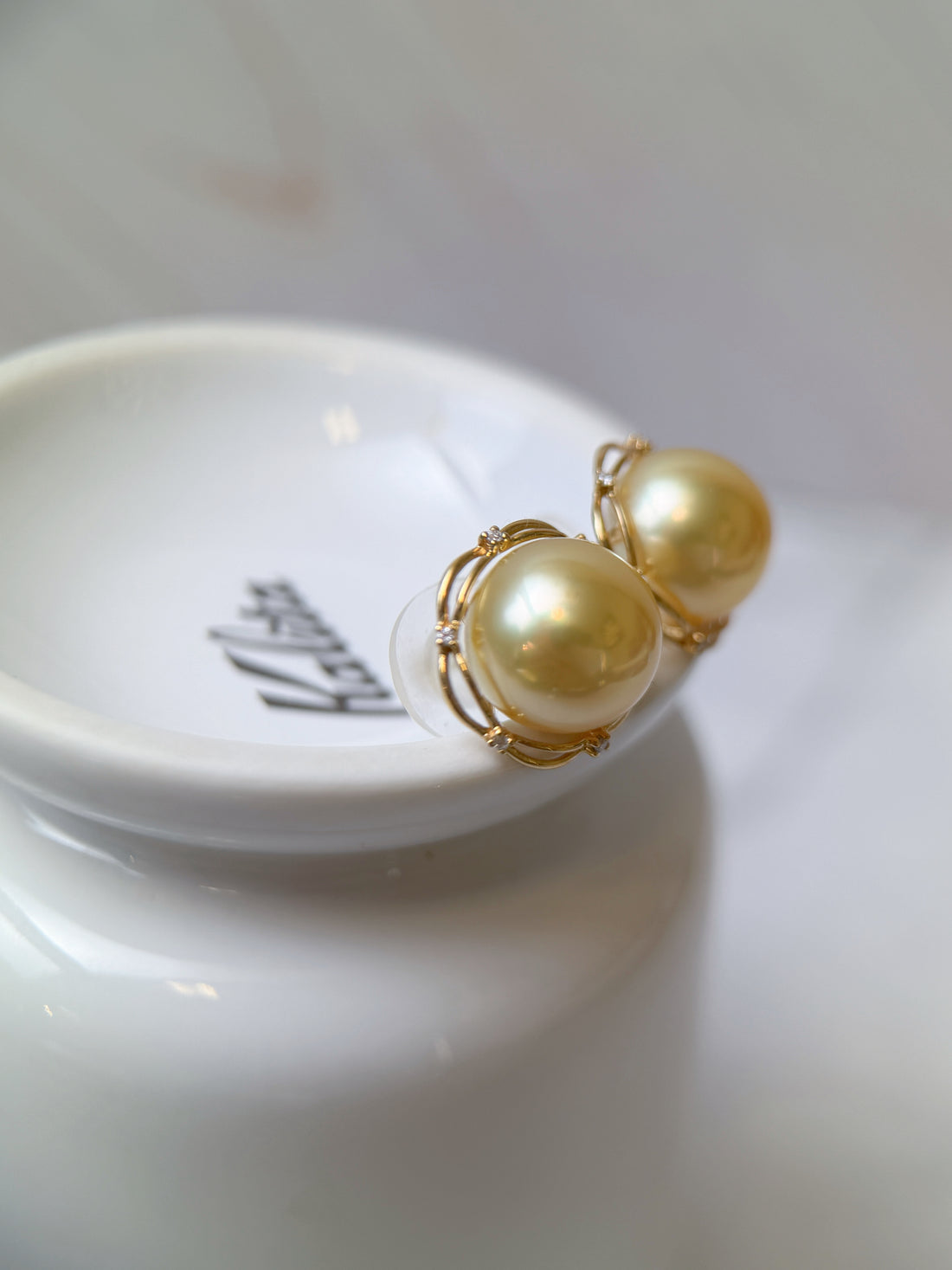 K18 Gold Golden South Sea Pearl Floral Diamond Halo Stud Earrings