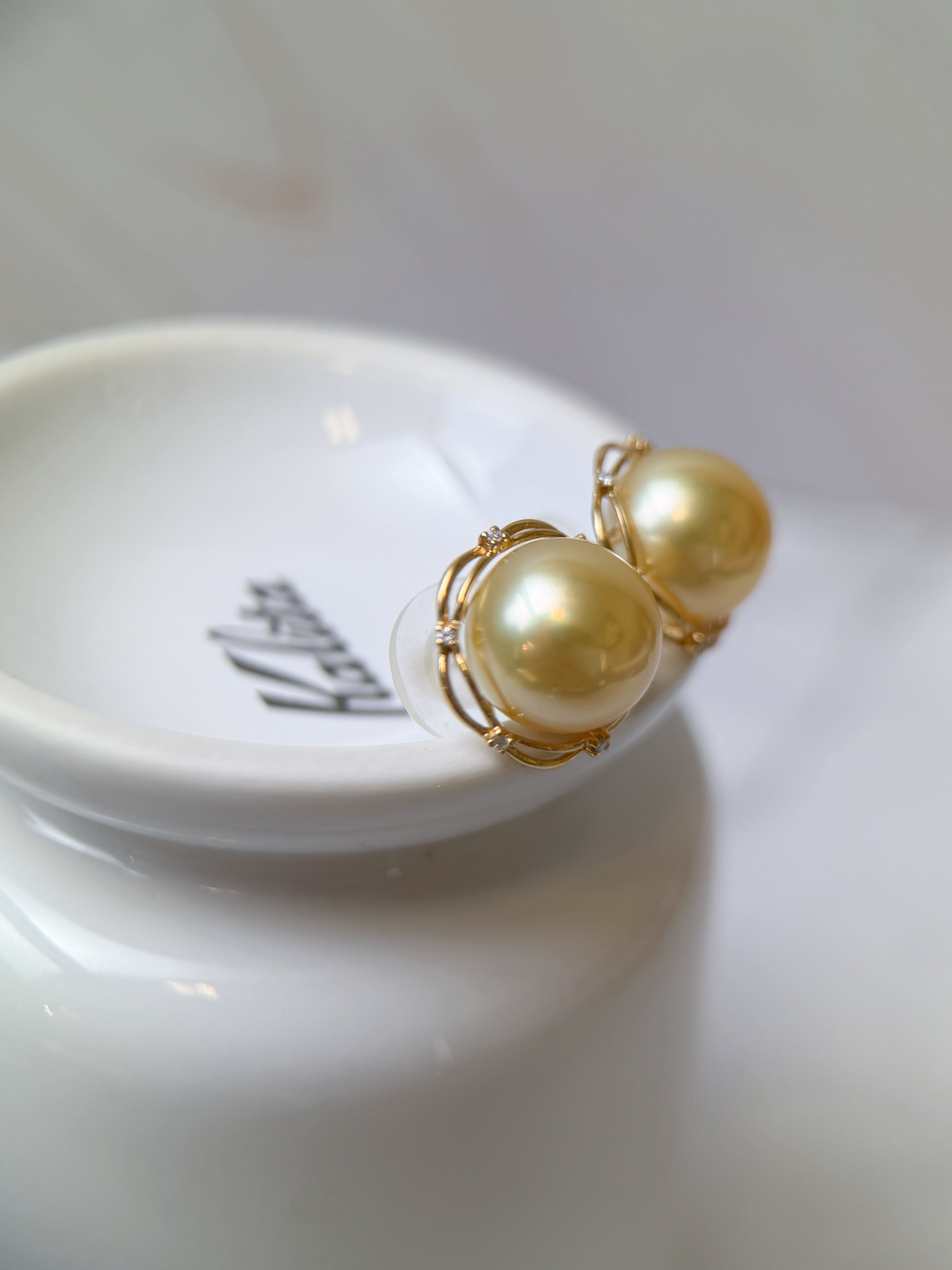 K18 Gold Golden South Sea Pearl Floral Diamond Halo Stud Earrings
