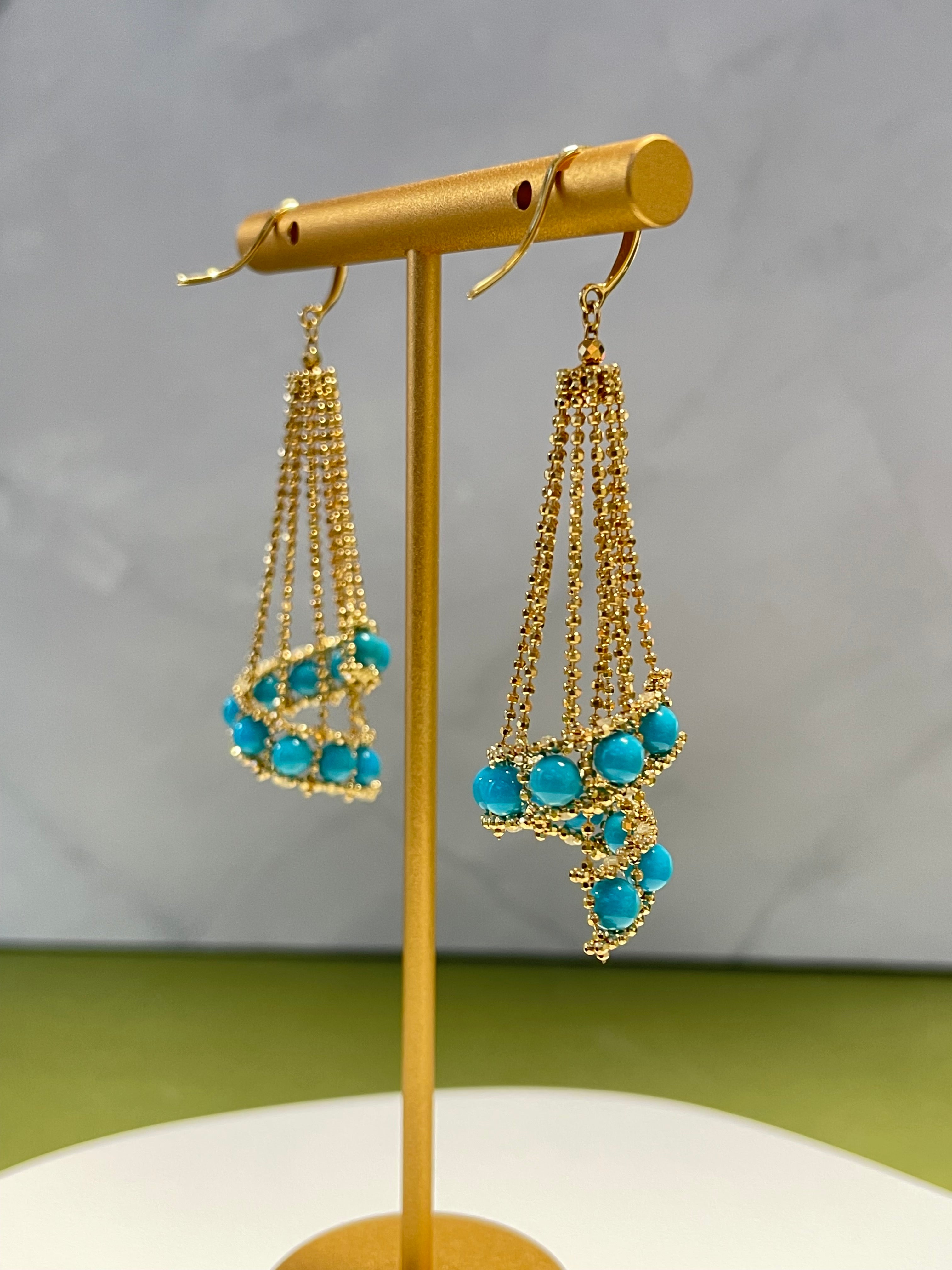 K18 Sleepy Beauty Turquoise Lace Tassel Drop Earrings