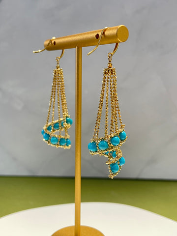 K18 Sleepy Beauty Turquoise Lace Tassel Drop Earrings