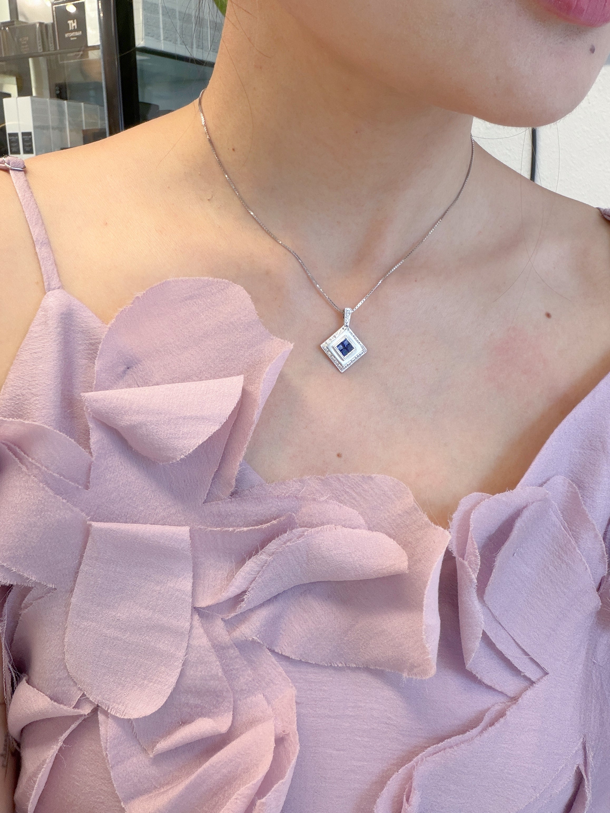 K18 White Gold Sapphire & Diamond Geometric Pendant Necklace