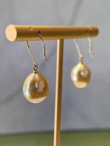 18K Gold Golden South Sea Pearl Drop Earrings – 10mm