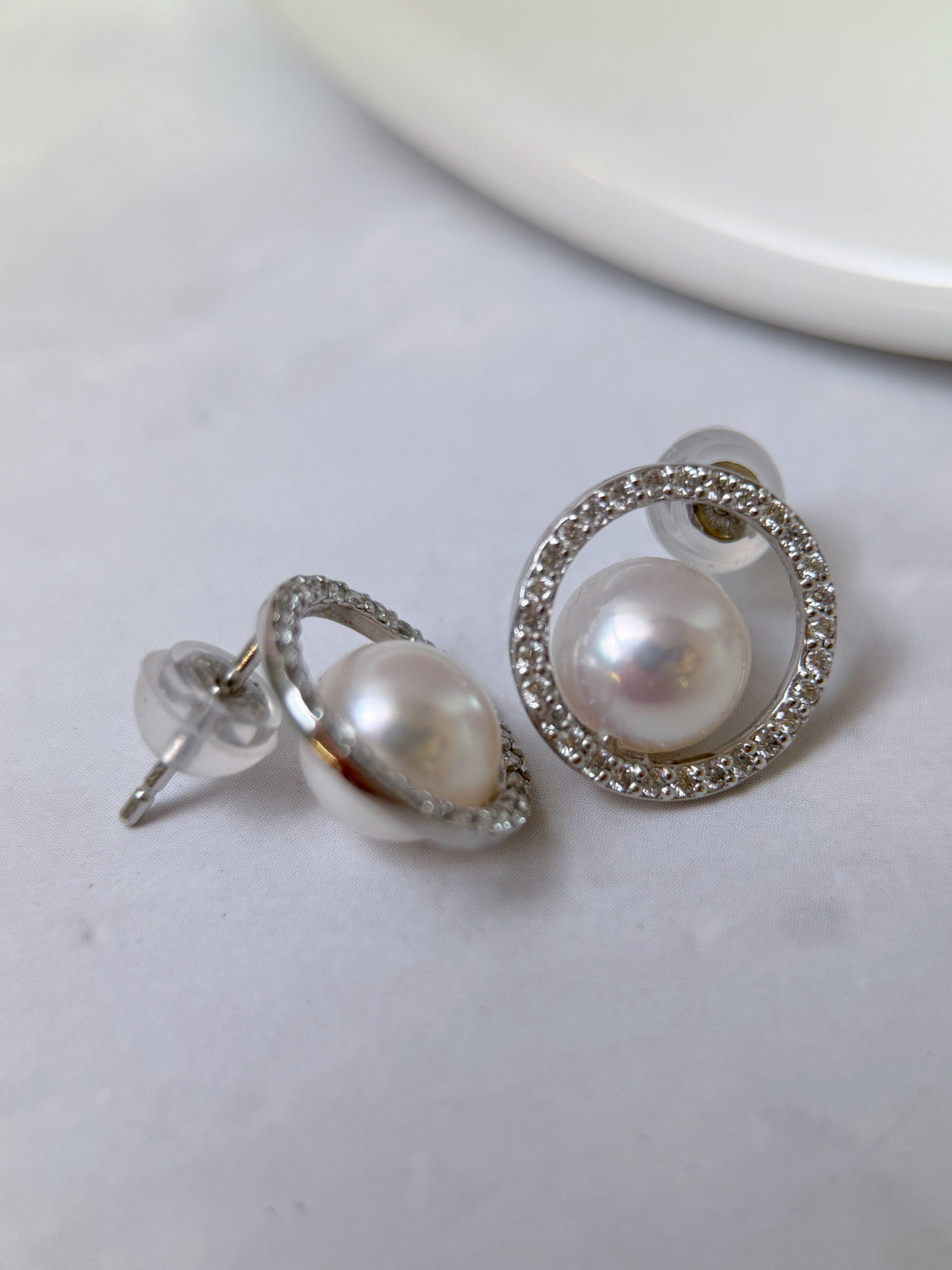 Platinum Akoya Pearl Diamond Halo Stud Earrings 0.14ct Each