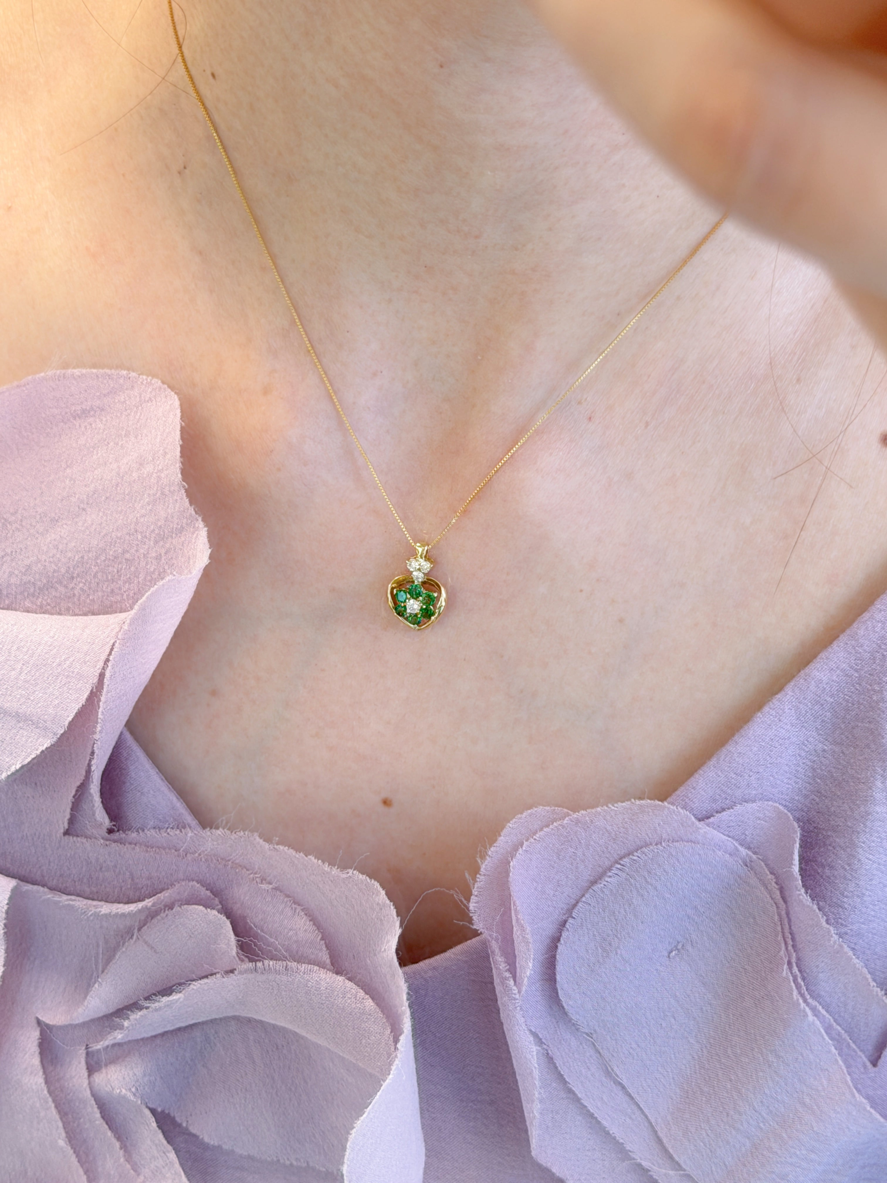 K18 Green Garnet & Diamond Heart Pendant Necklace