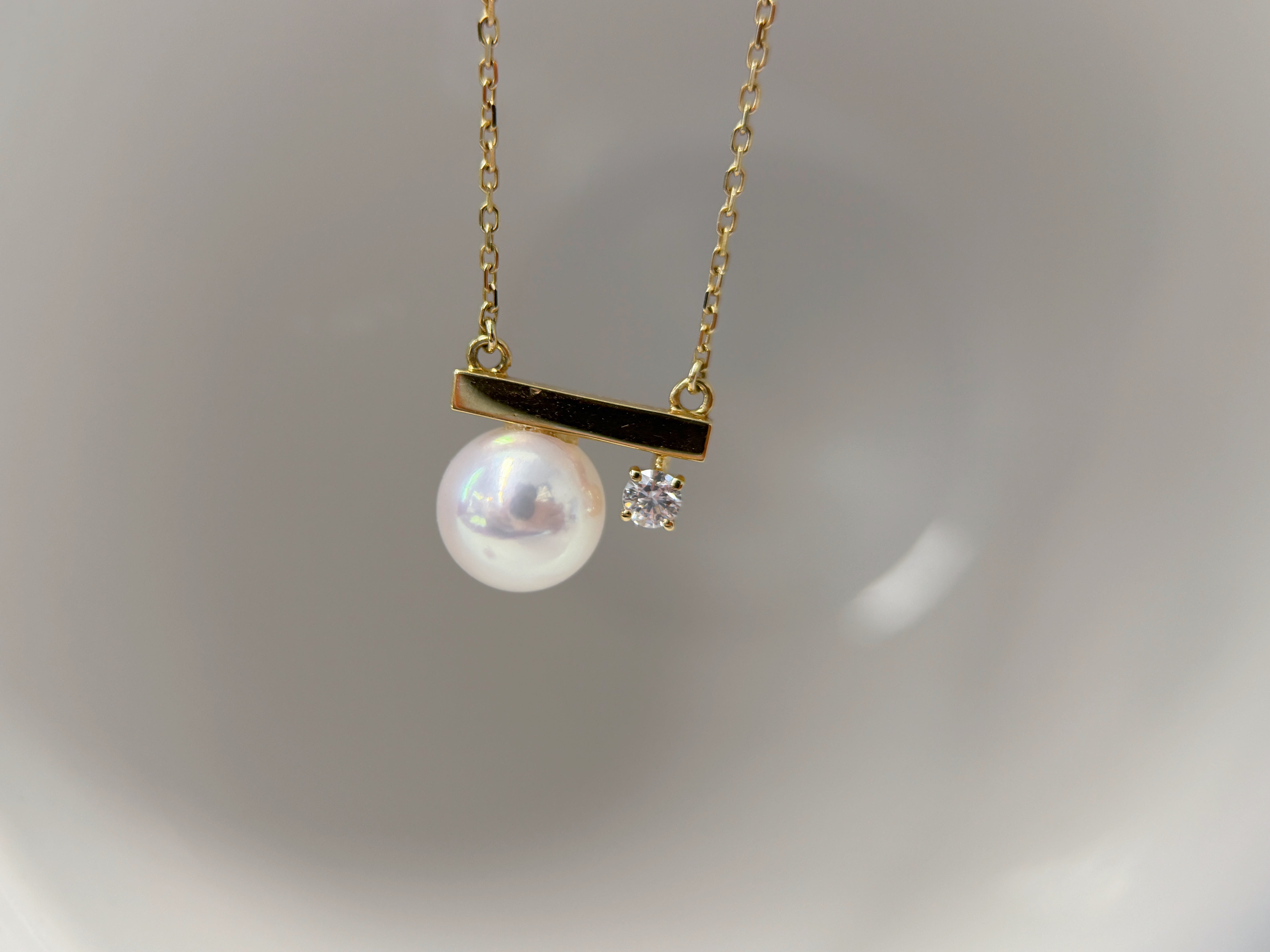 K18 Yellow Gold Akoya Pearl Necklace with Natural Diamond Accent