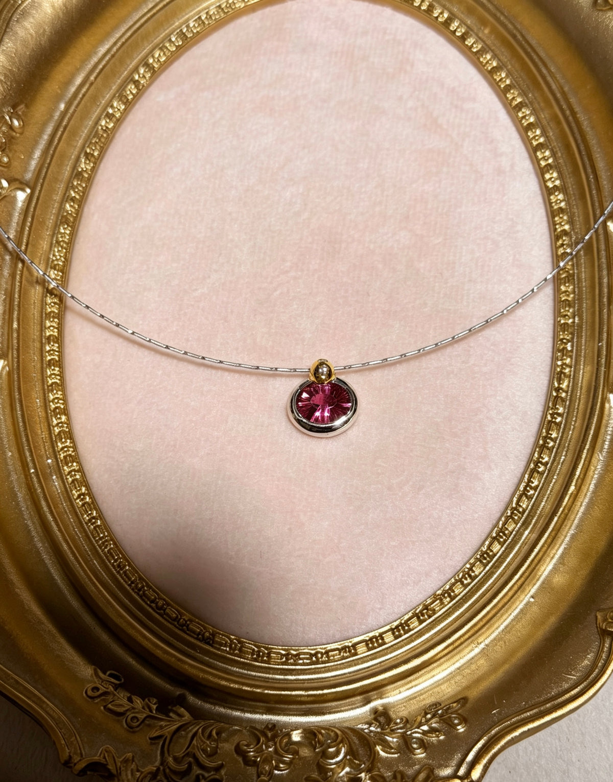 18K Two‑Tone Gold Concave‑Cut Pink Tourmaline with Diamond Accent on Neck Wire