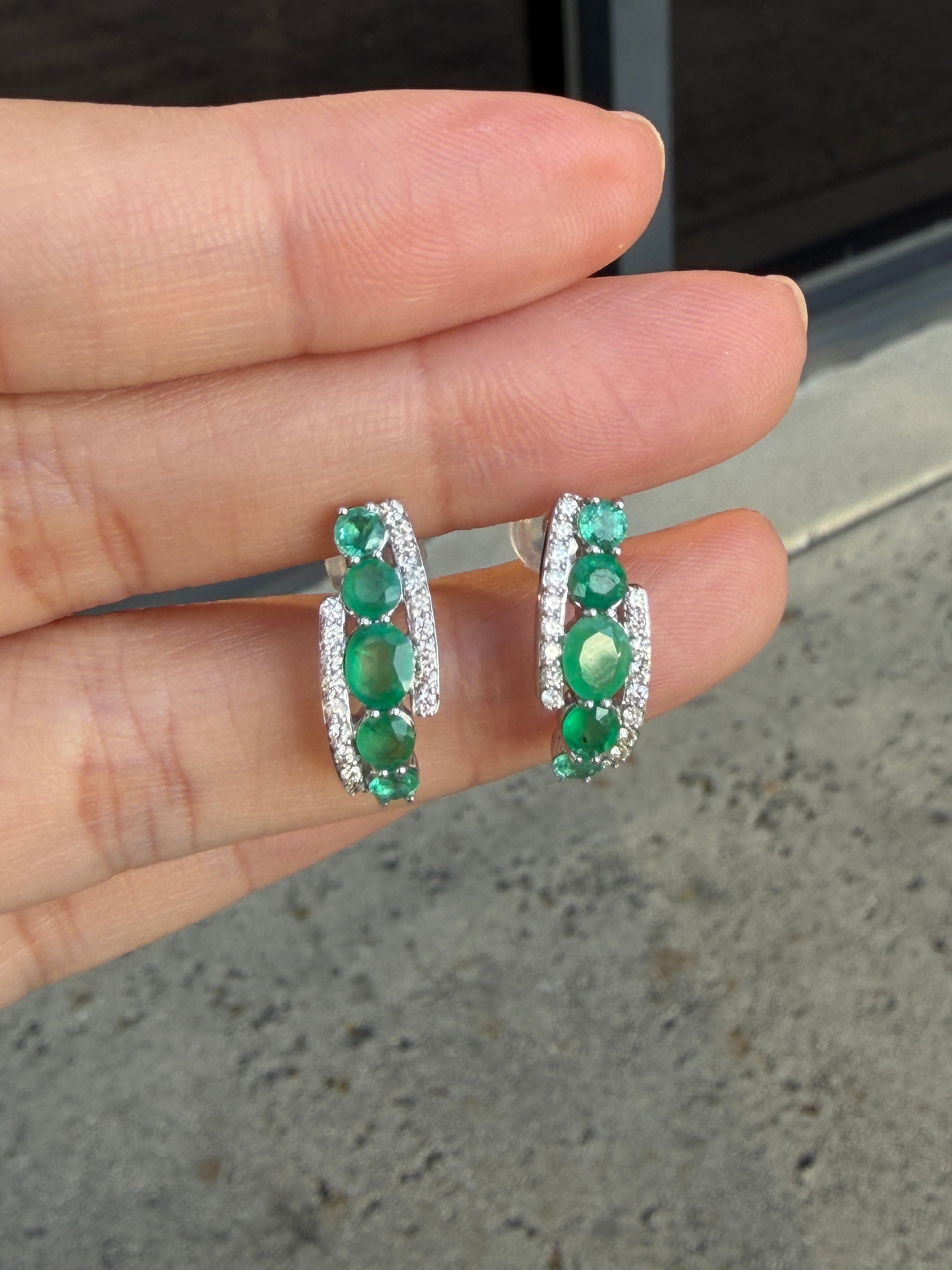 K14 White Gold Emerald and Diamond Huggie Hoop Earrings