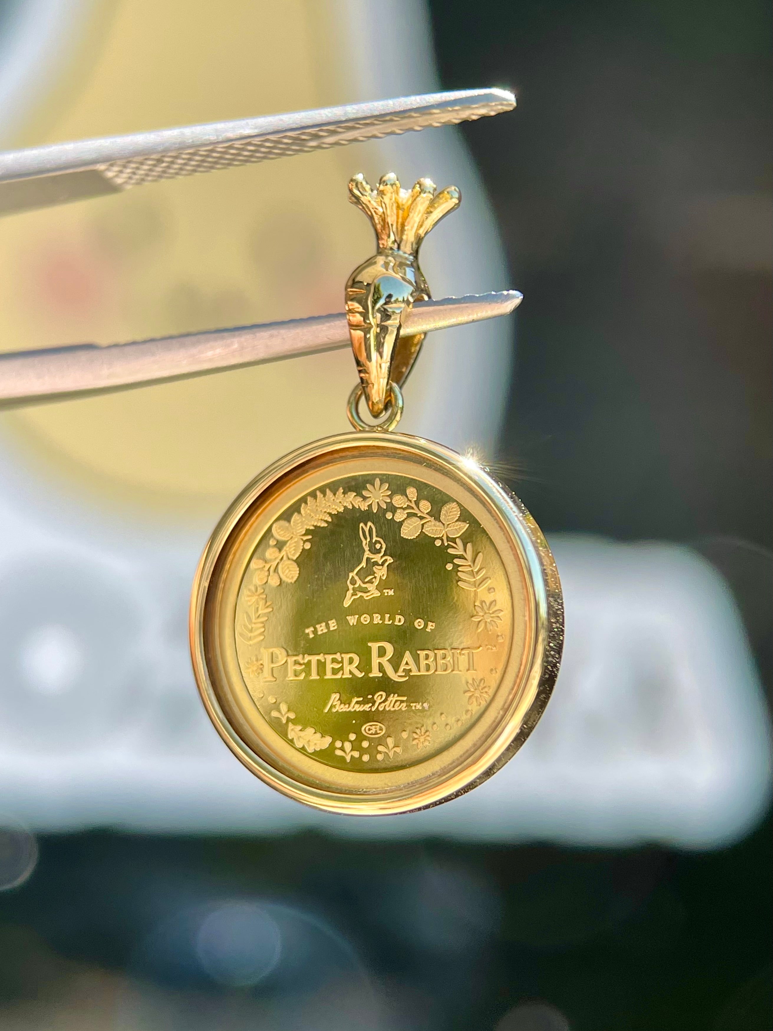 24K Peter Rabbit Gold Coin Pendant with 18K Gold Setting