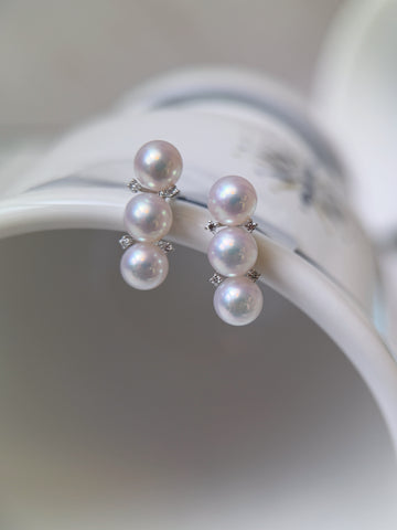 Japanese Akoya Pearl Triple Drop Diamond Platinum Stud Earrings