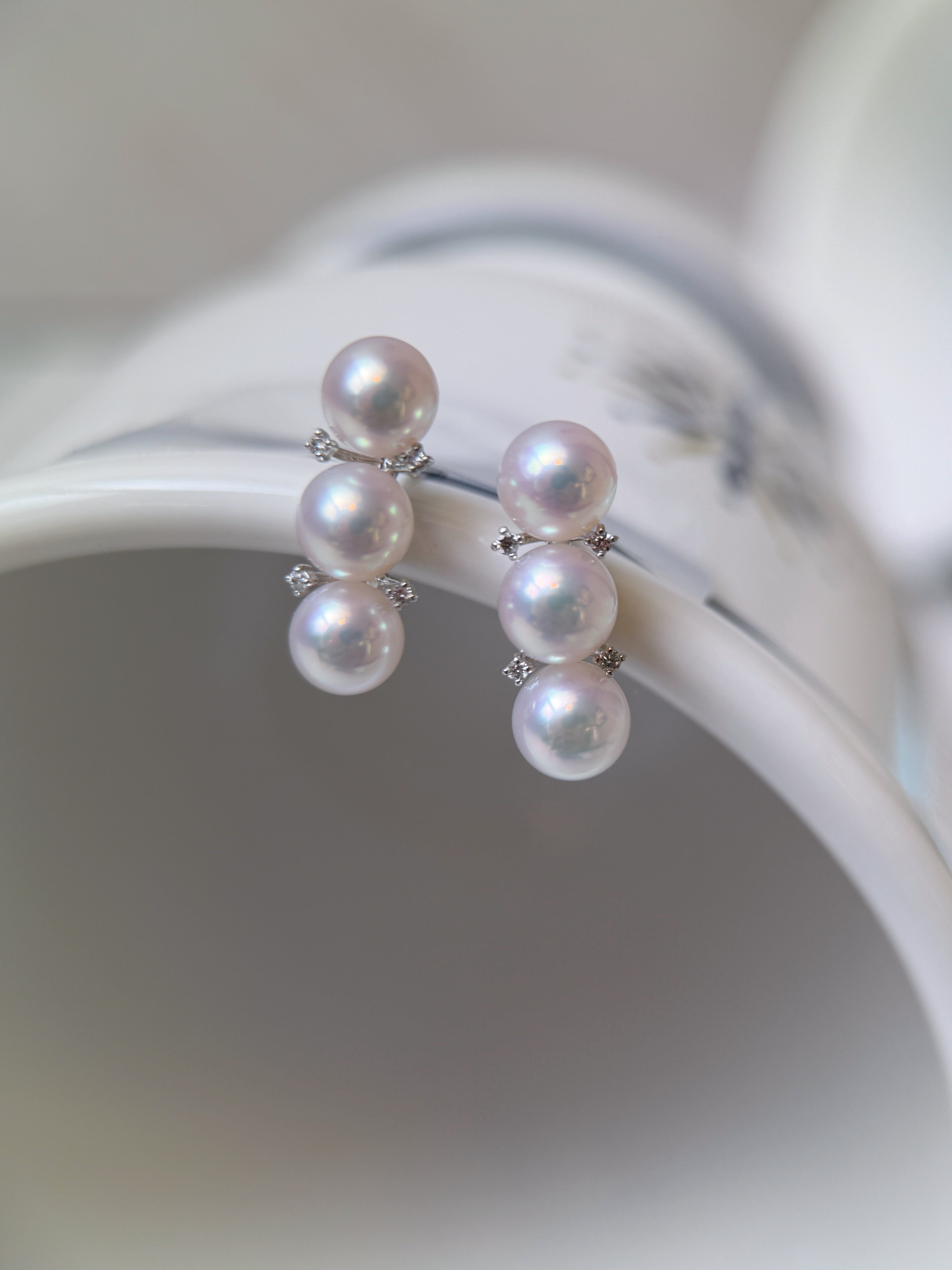 Japanese Akoya Pearl Triple Drop Diamond Platinum Stud Earrings