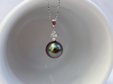 Platinum Tahitian Black Pearl & Natural Diamond Floral Pendant Necklace