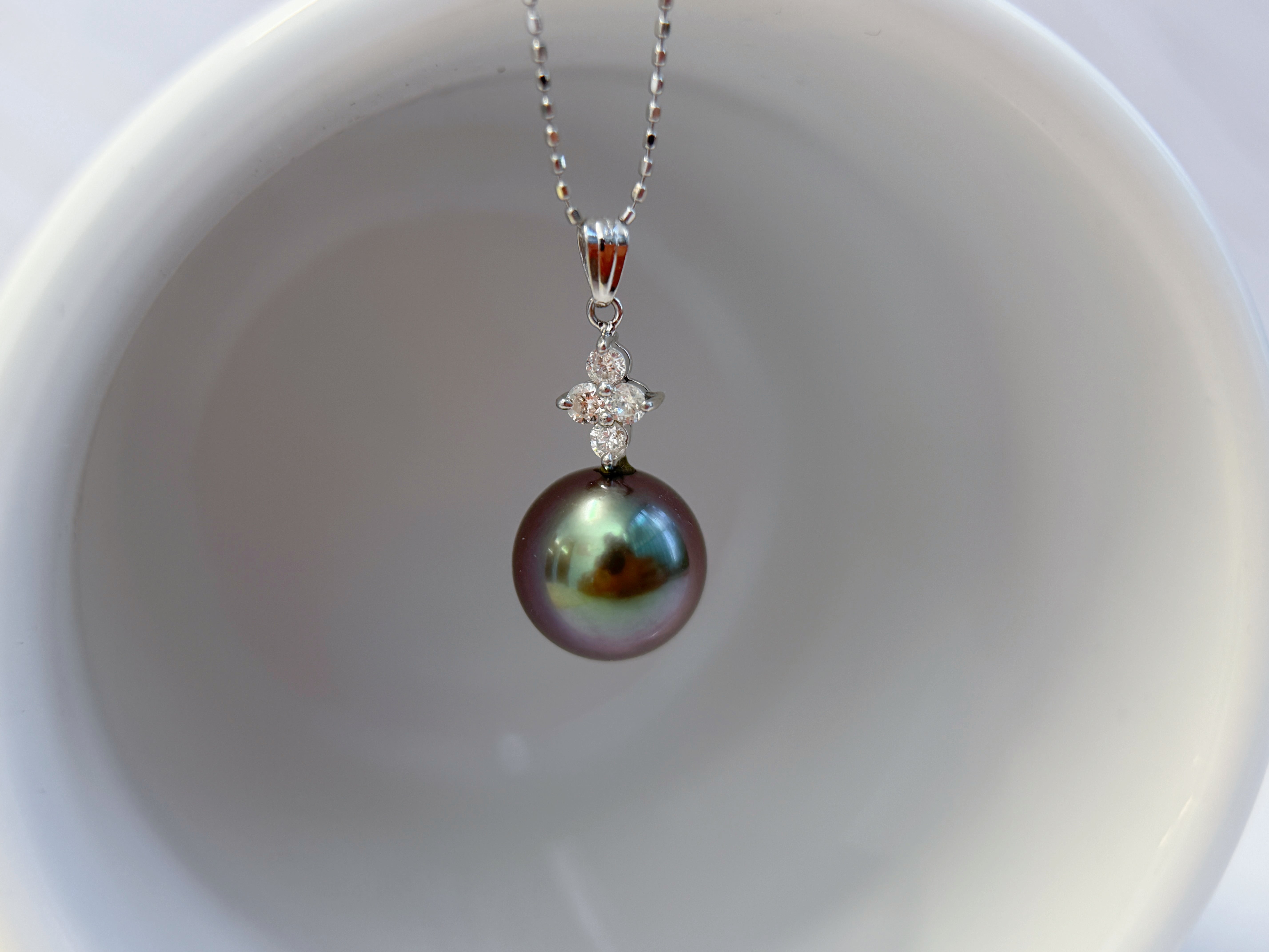 Platinum Tahitian Black Pearl & Natural Diamond Floral Pendant Necklace