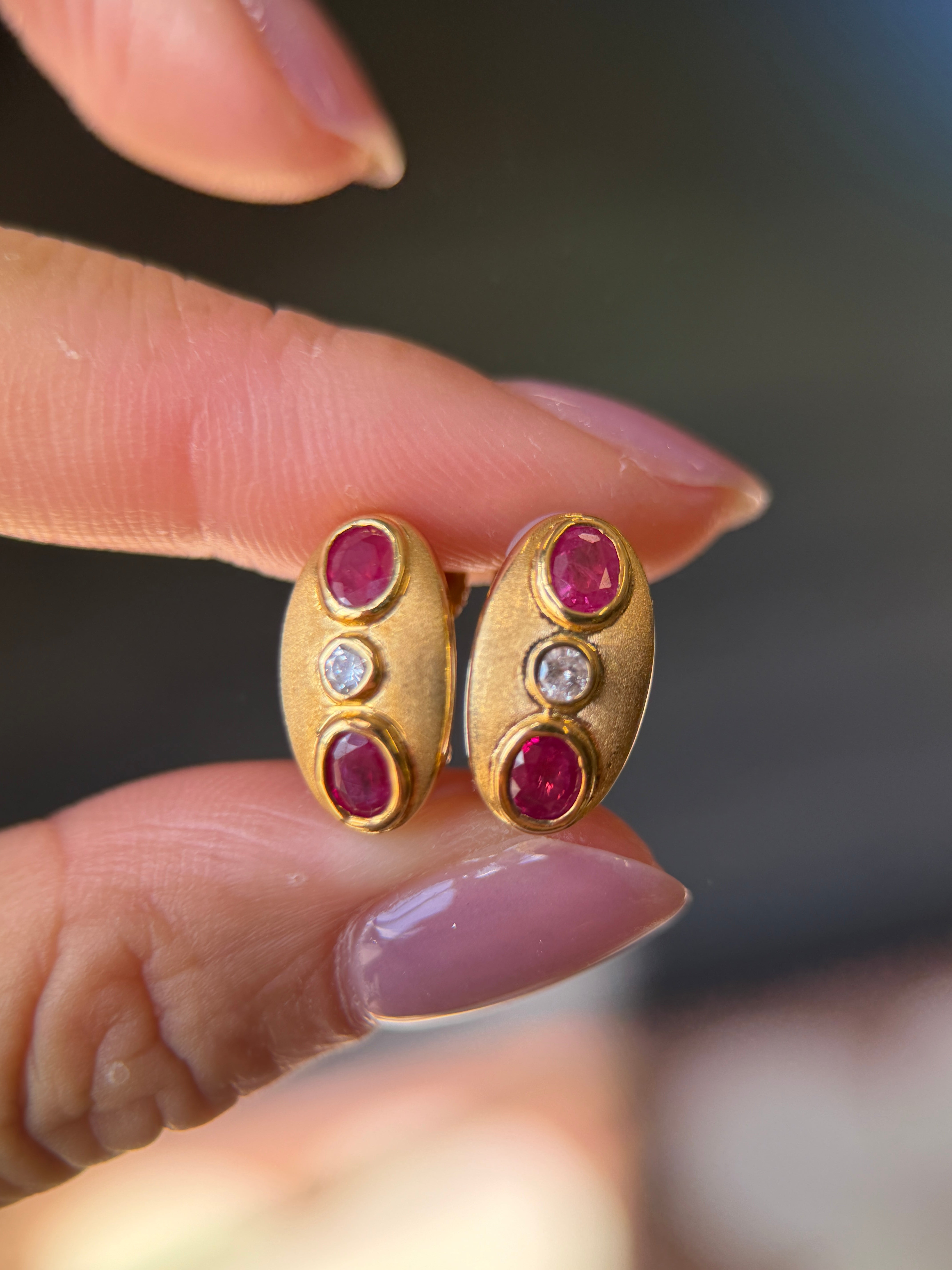 18K Yellow Gold Matte Oval Ruby Diamond Huggie Earrings