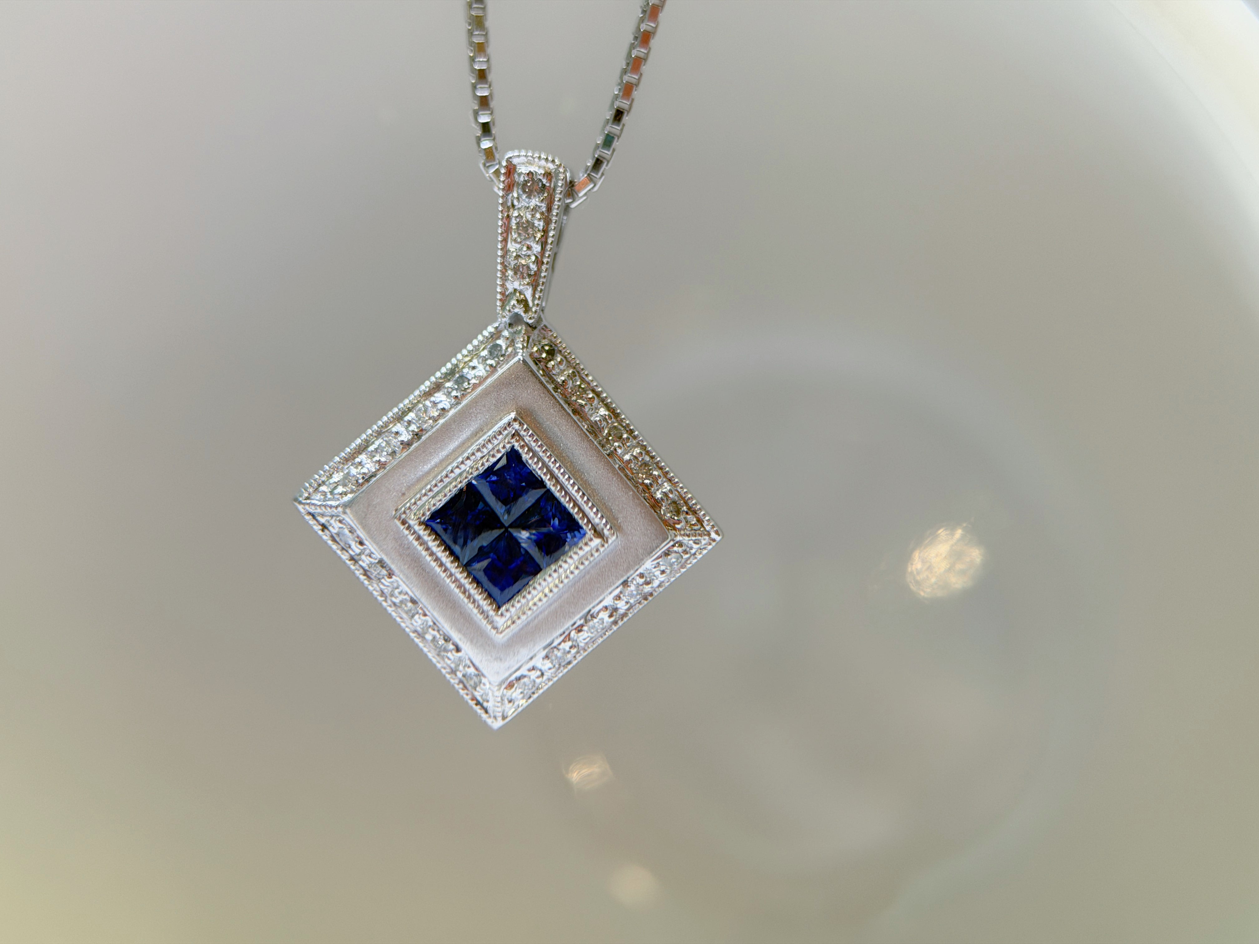 K18 White Gold Sapphire & Diamond Geometric Pendant Necklace