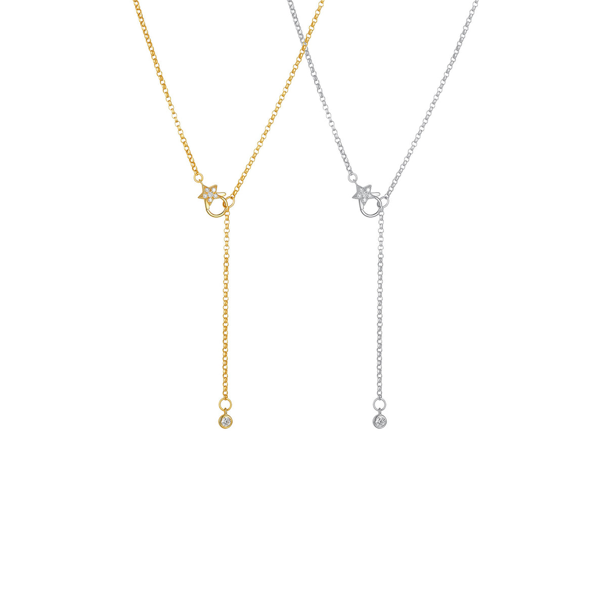 18K Gold Paperclip Lariat Necklace with Star Front Clasp  | 17.7"+2"