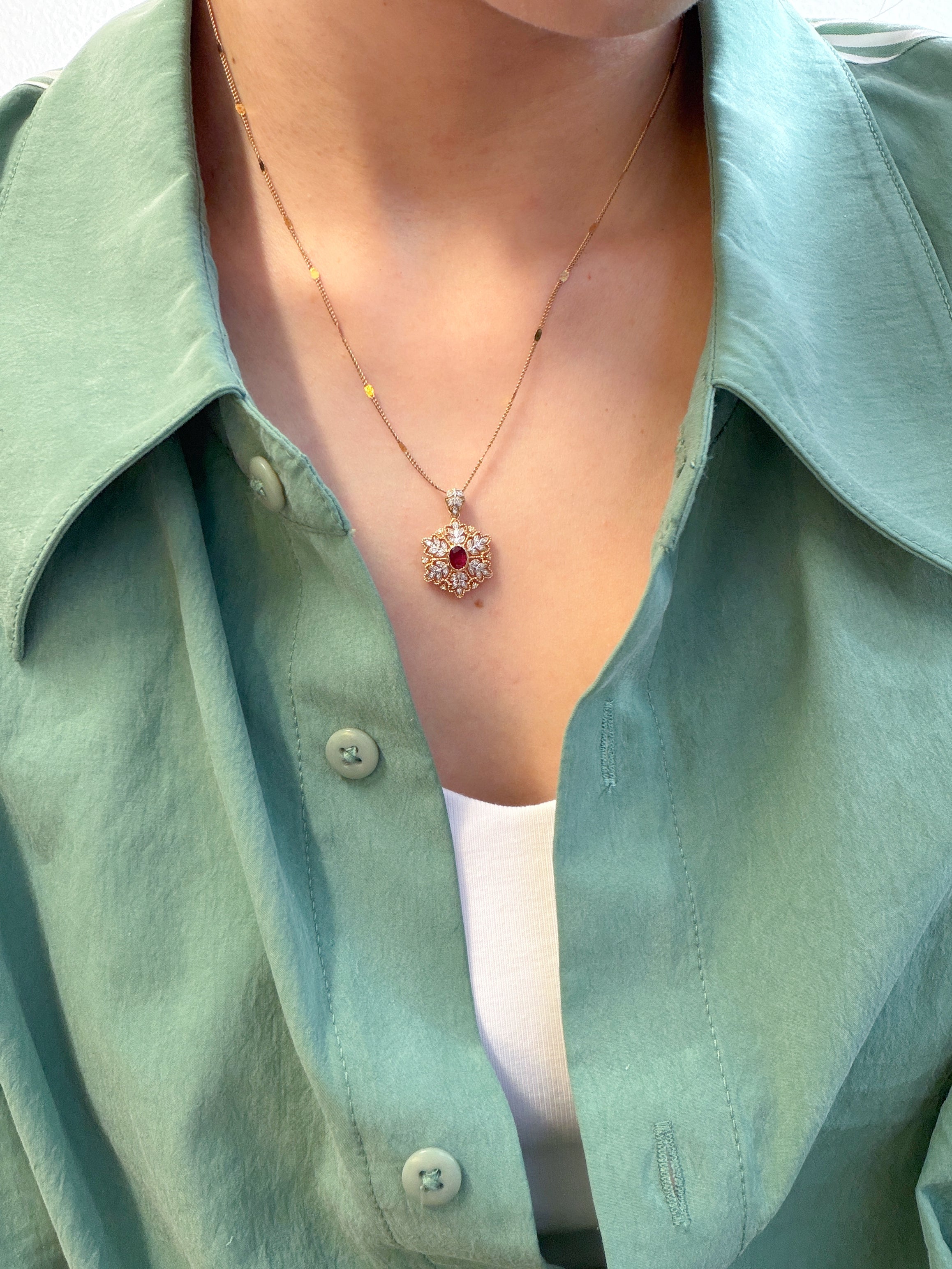 K18 Yellow Gold Ruby & Pavé Diamond Floral Pendant Necklace