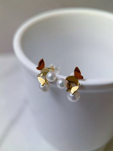 K18 Gold Diamond Butterfly Akoya Pearl Stud Earrings