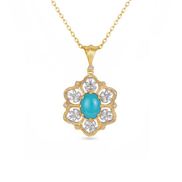 1.2CT Natural Turquoise Filigree Diamond Pendant in 18K(Pendant Only)