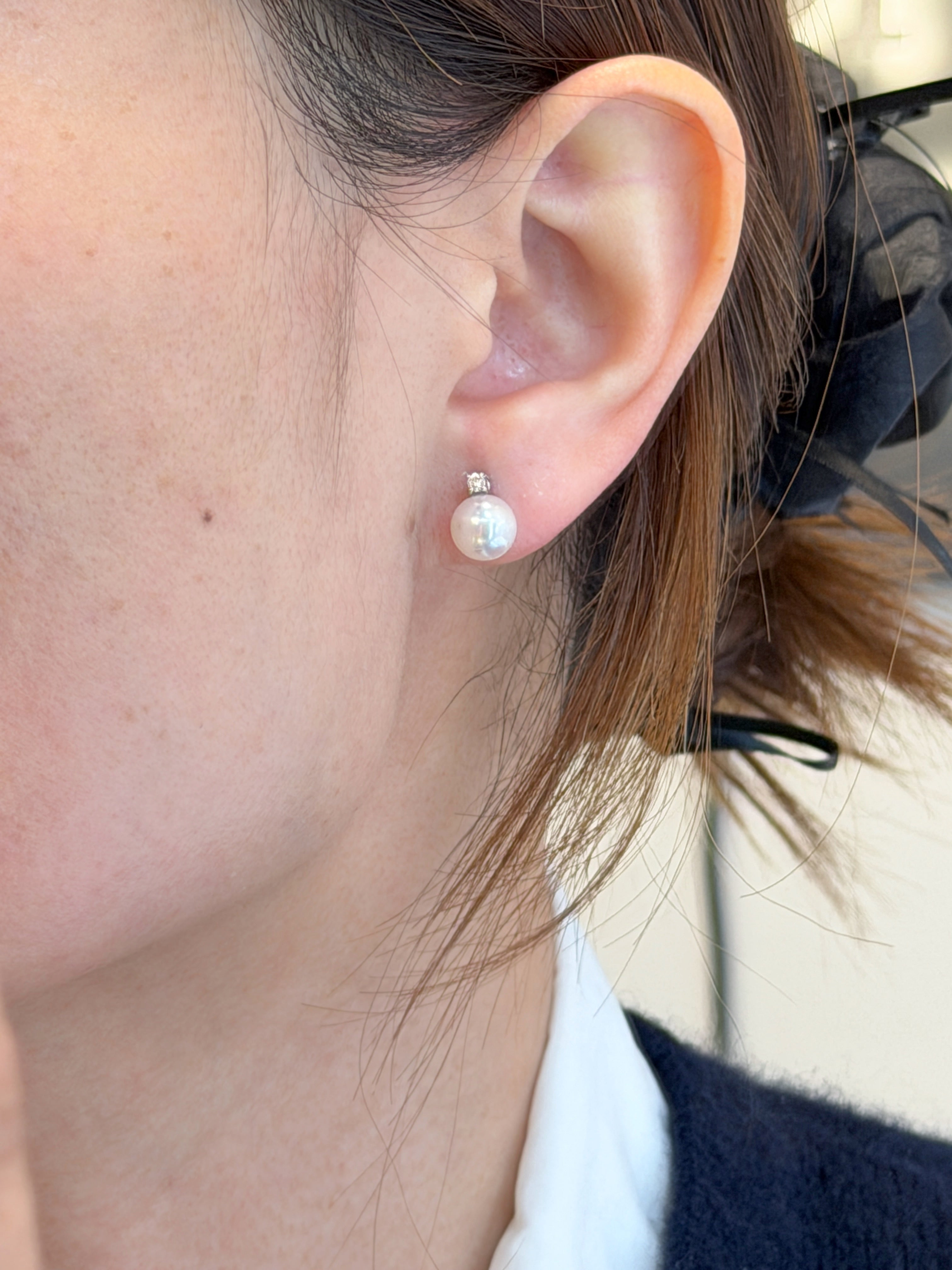 Diamond Akoya Pearl Drop Stud Earrings