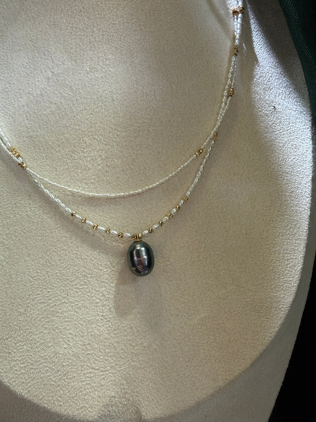 Akoya Keshi Double Strand Necklace with Tahitian Pearl Drop