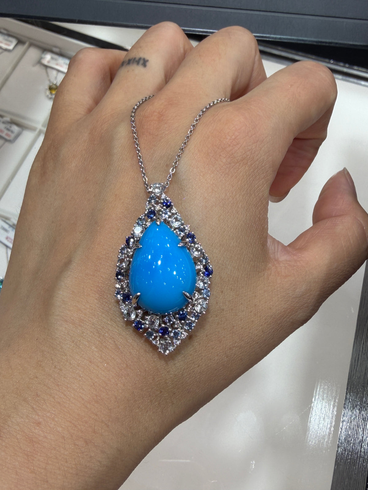 Certified Royal Blue Turquoise & Sapphire Diamond Pendant