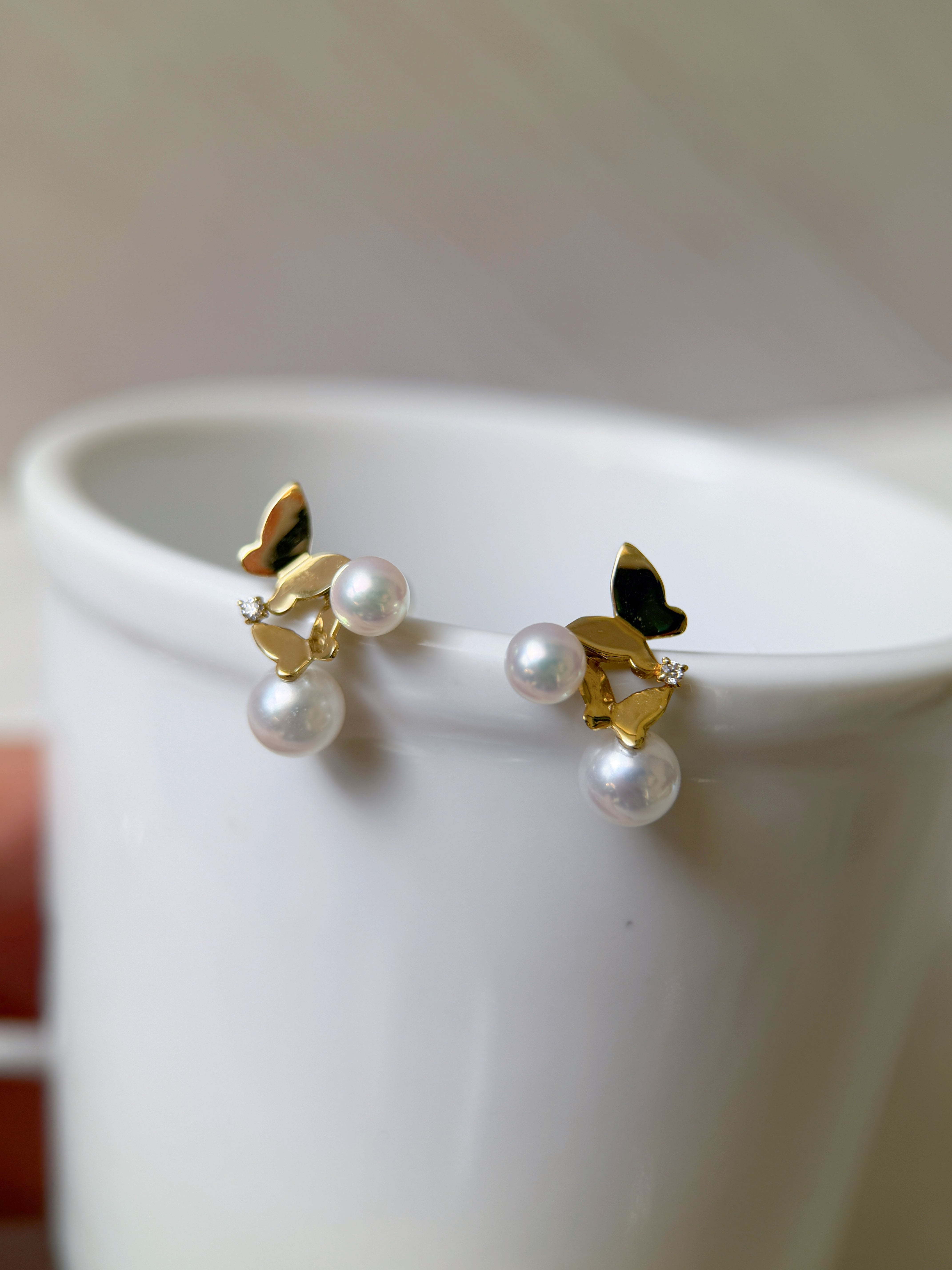K18 Gold Diamond Butterfly Akoya Pearl Stud Earrings