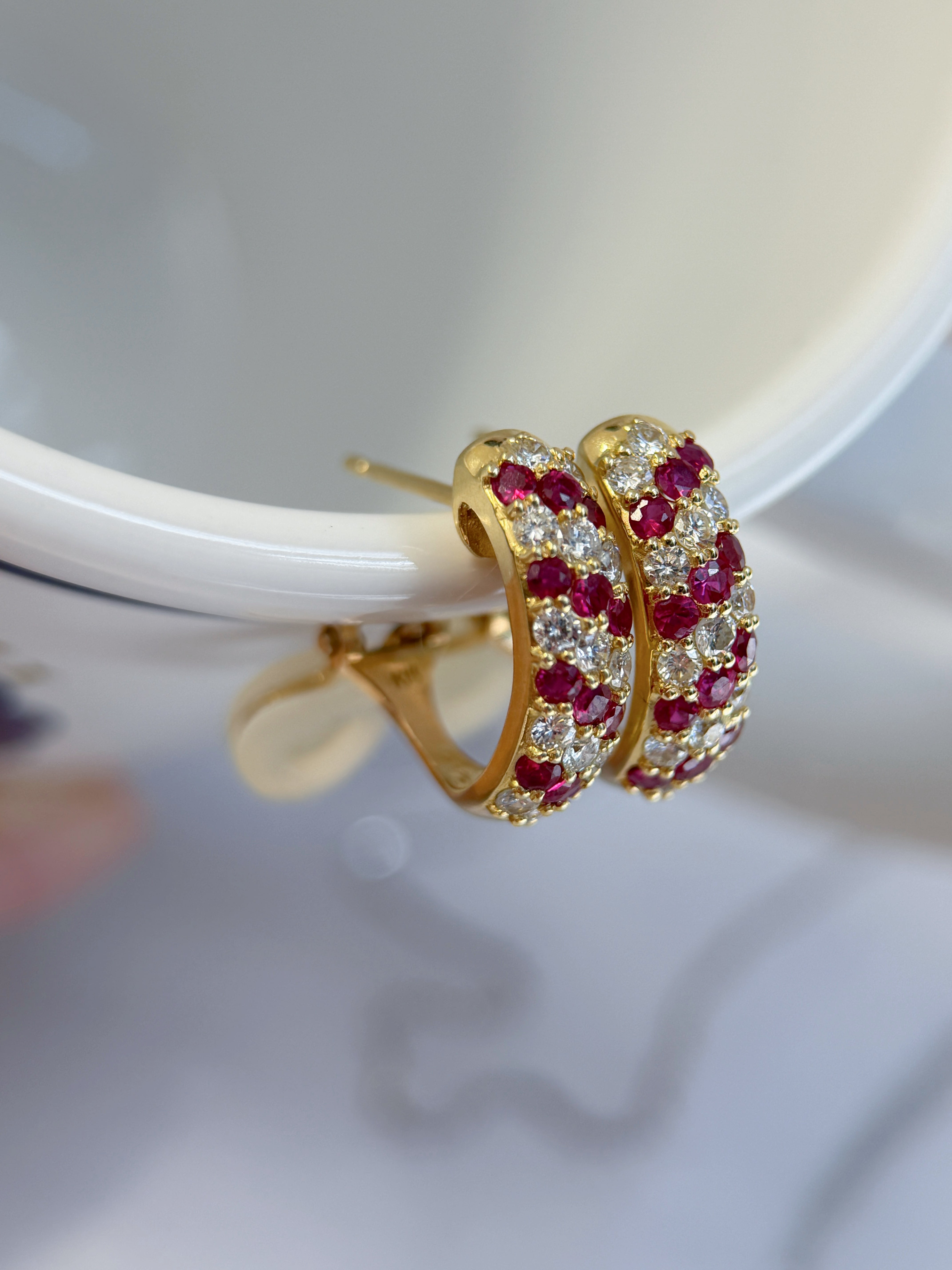 K18 Gold Ruby & Natural Diamond Pavé Huggie Earrings