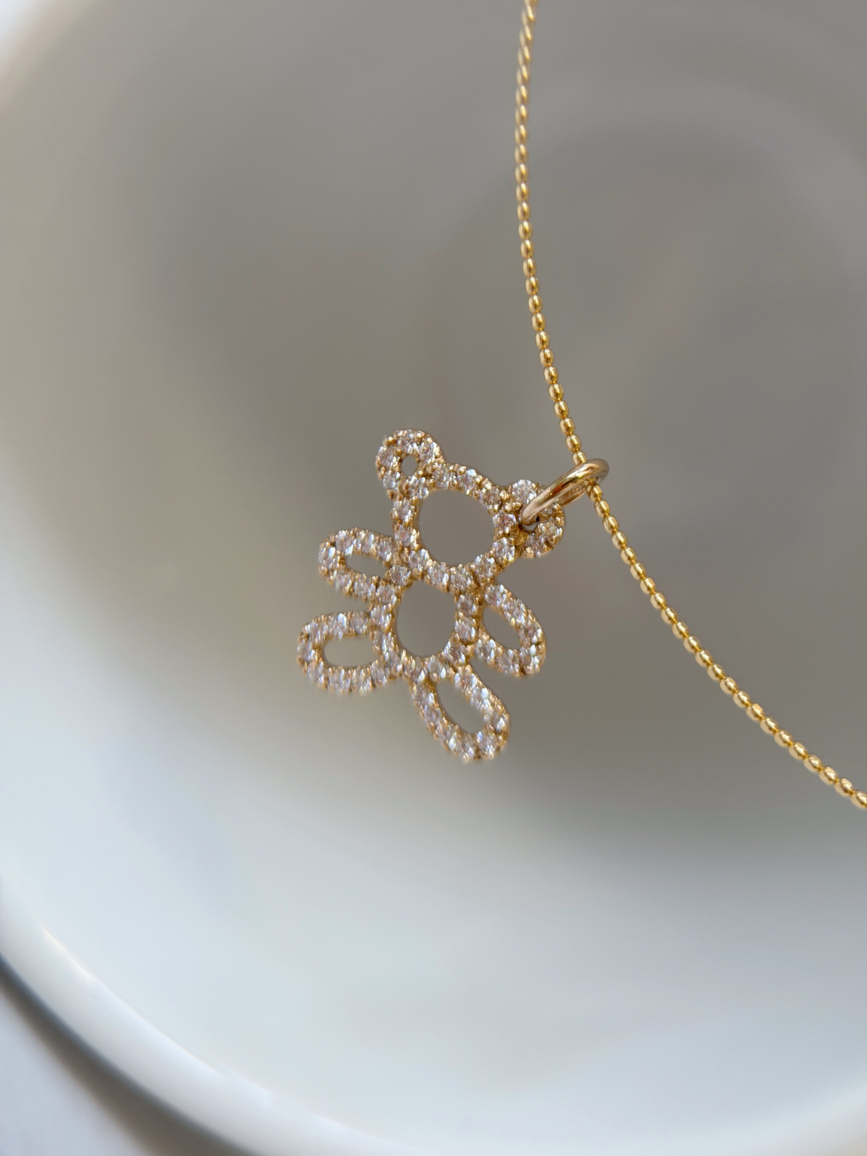 K18 Gold Pavé Natural Diamond Teddy Bear Pendant Necklace