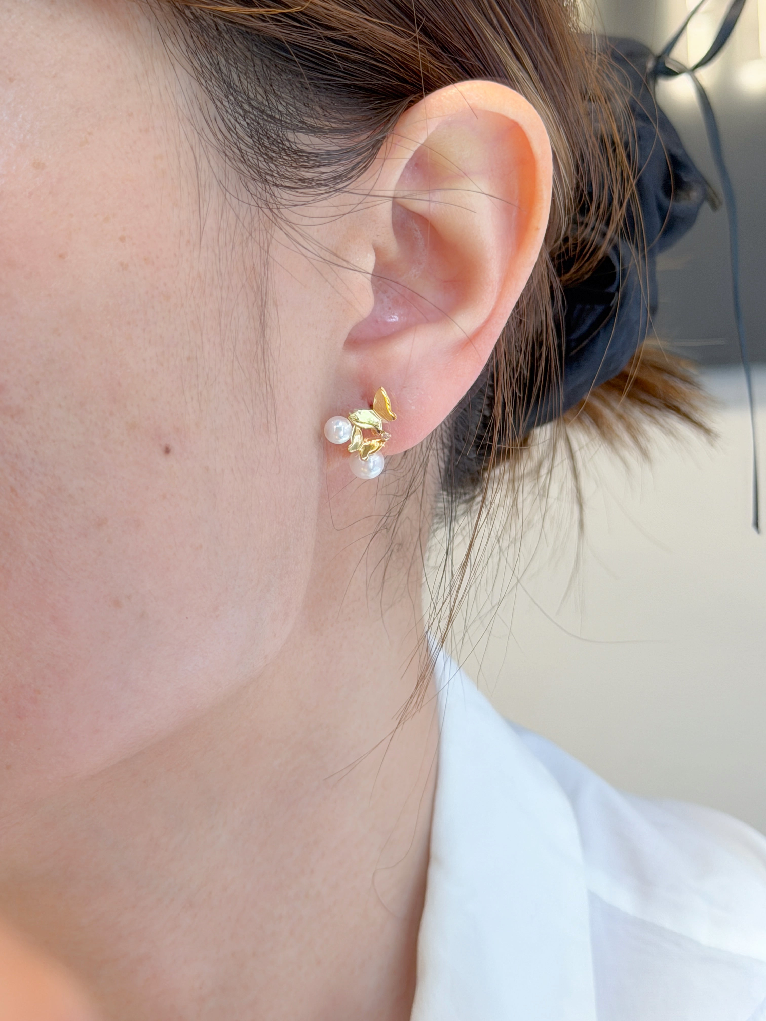 K18 Gold Diamond Butterfly Akoya Pearl Stud Earrings