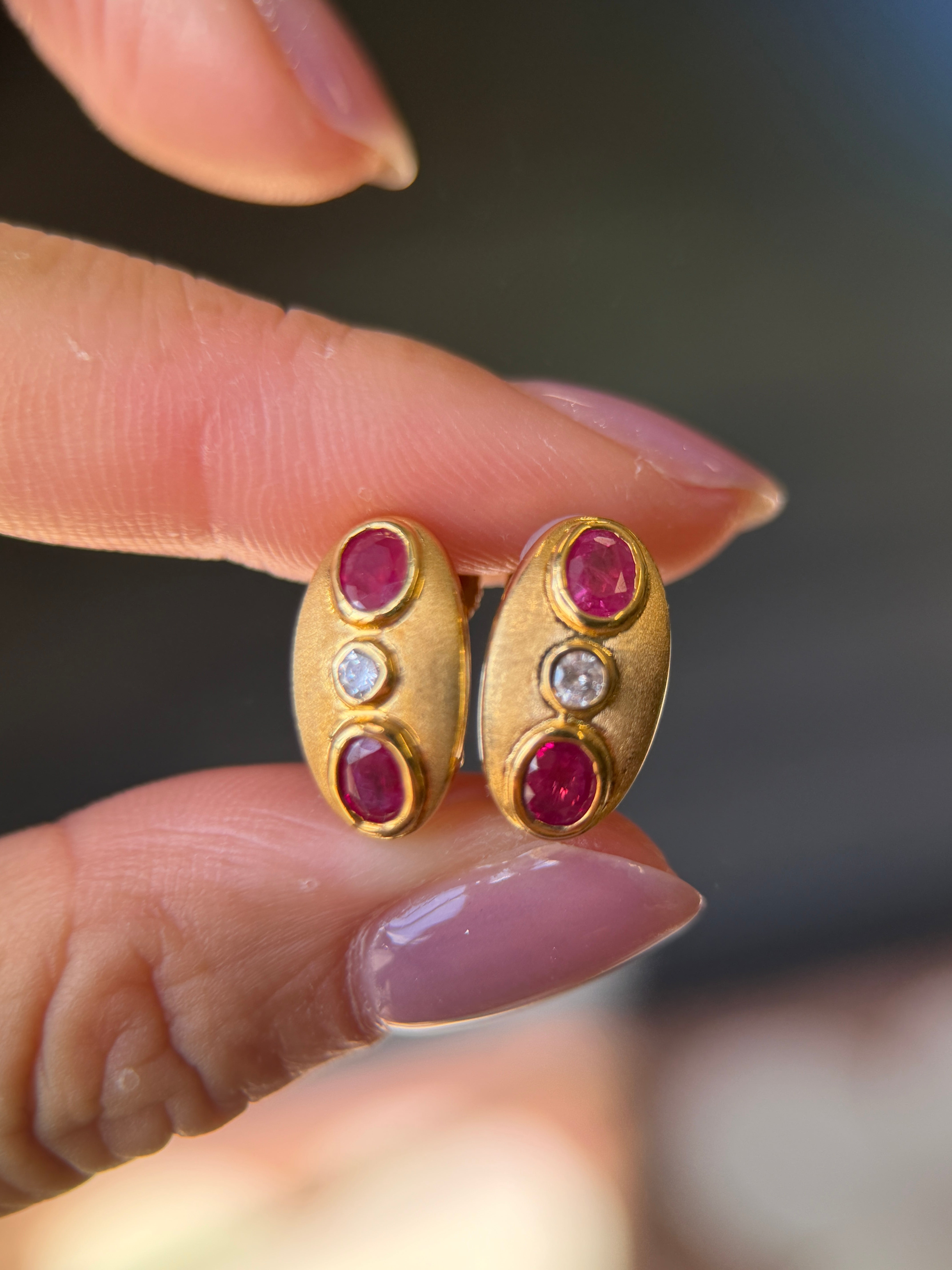 18K Yellow Gold Matte Oval Ruby Diamond Huggie Earrings