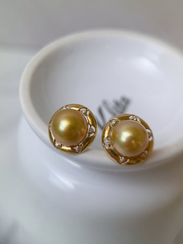 K18 Gold Golden South Sea Pearl Diamond Floral Stud Earrings