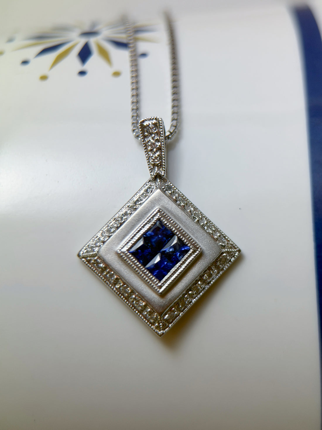 K18 White Gold Sapphire & Diamond Geometric Pendant Necklace